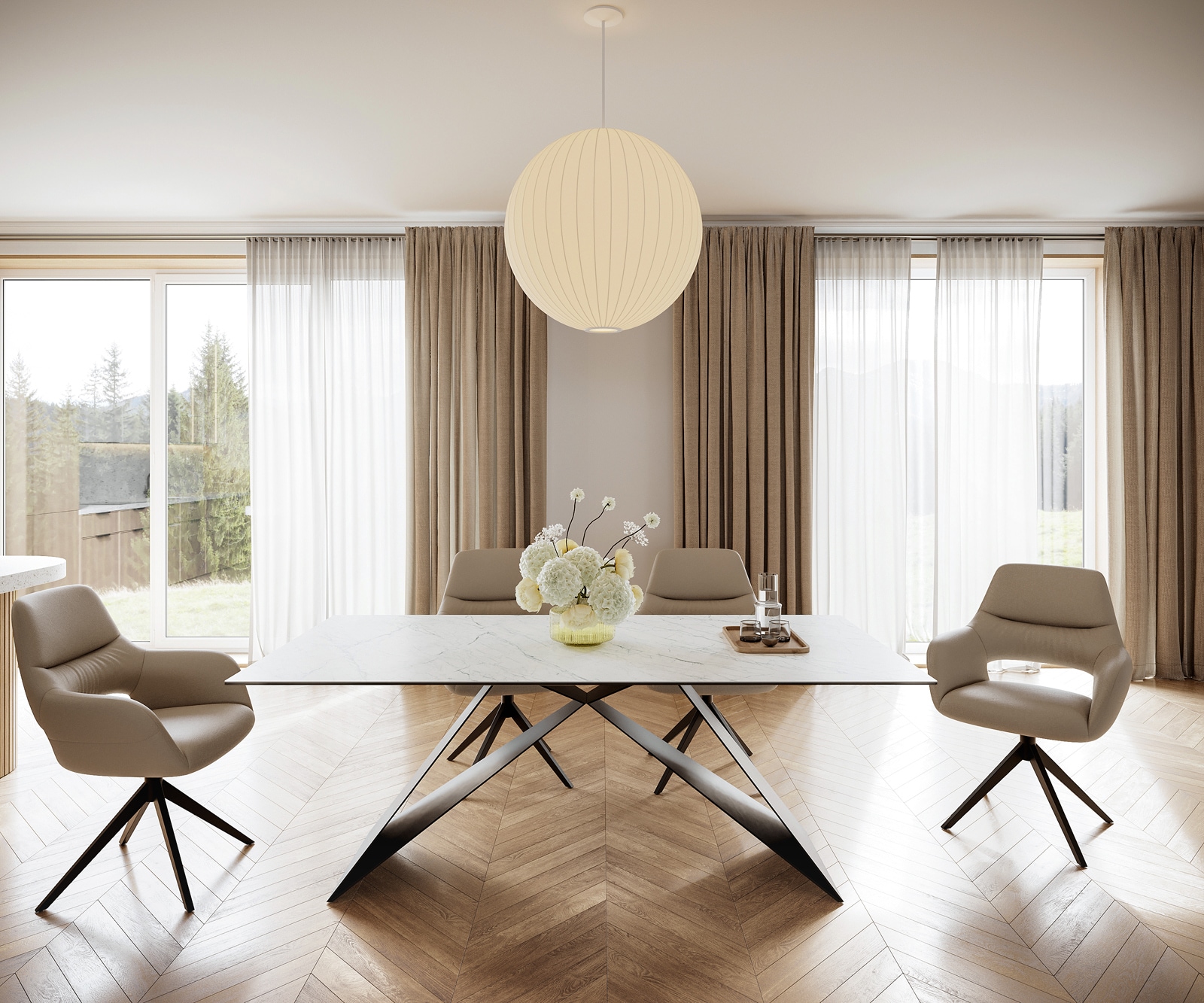 Esszimmertisch Edge Keramik Laminam®Statuarietto Weiß 200x100cm V-Mittelfuß Schwarz