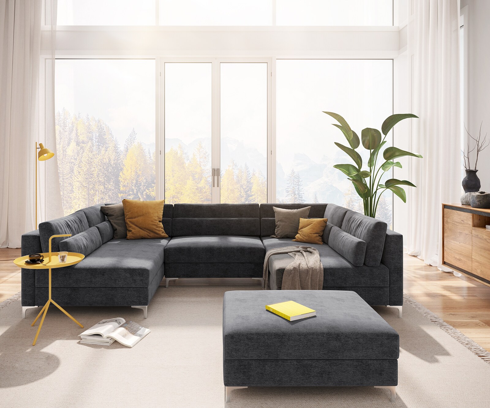 Wohnlandschaft Elio 300x185 cm Mikrofaser Graphite mit Hocker 1