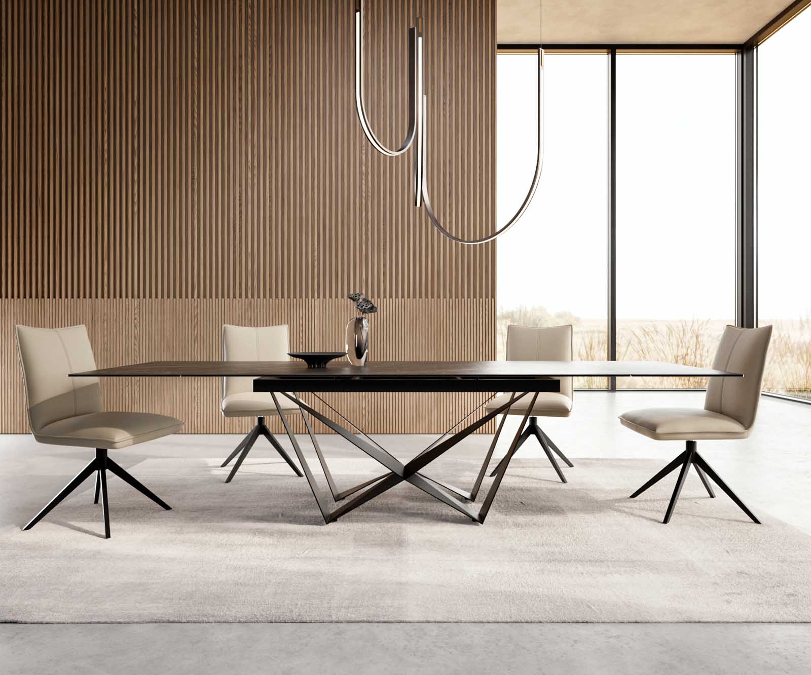 Esstisch Edge 200-300x100 Keramik Laminam®Noir Desir Braun Spider Flachstahl Schwarz ausziehbar 2
