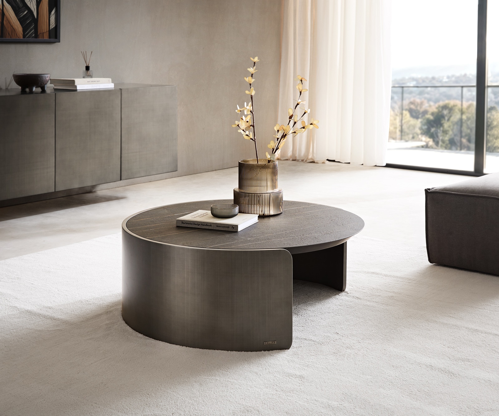 Couchtisch Haru 90x35 cm Keramik Laminam® Noir Desir Braun Metallic Silber
