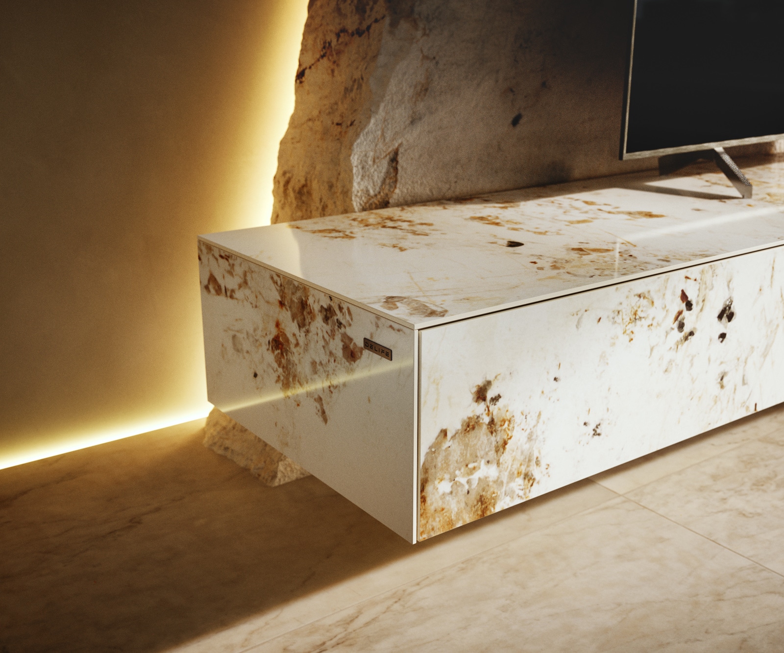 Lowboard Cuor 200 cm Keramik Minas Melange Weiß-Beige 1 Klappe 1 Schubfach Fuß Schwebeoptik Acrylglas 6 Lowboard Cuor 200 cm Keramik Minas Melange Weiß-Beige 1 Klappe 1 Schubfach Fuß Schwebeoptik Acrylglas 6