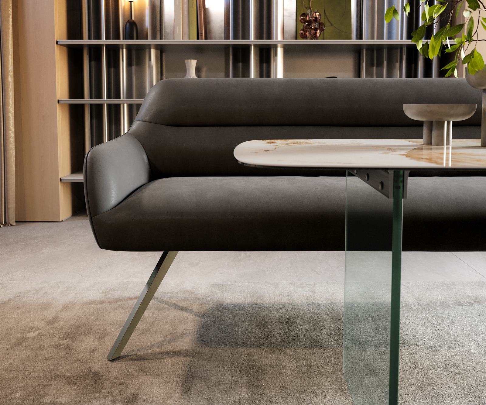 Esszimmerbank Taya-Flex 200 cm Mikrofaser Anthrazit Vintage Kreuzgestell kantig Effektfinish Titan Taschenfederkern 1