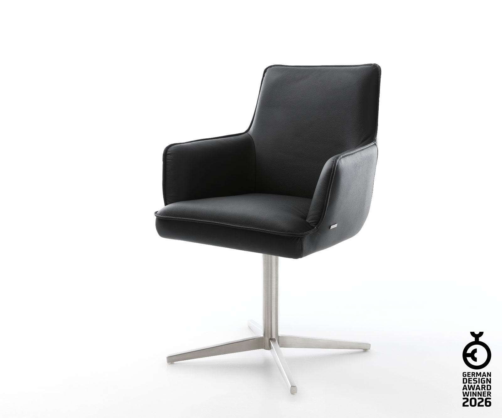 Drehstuhl Heira-Flex mit Armlehnen Echt-Leder Schwarz Fußkreuz Edelstahl 360° drehbar Taschenfederkern