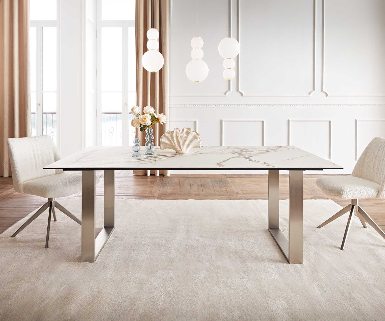 Esstisch Edge 200x100 Keramik Calacatta Luxe Weiß-Gold-Grau Edelstahl Schmal Esstisch Edge 200x100 Keramik Calacatta Luxe Weiß-Gold-Grau Edelstahl Schmal