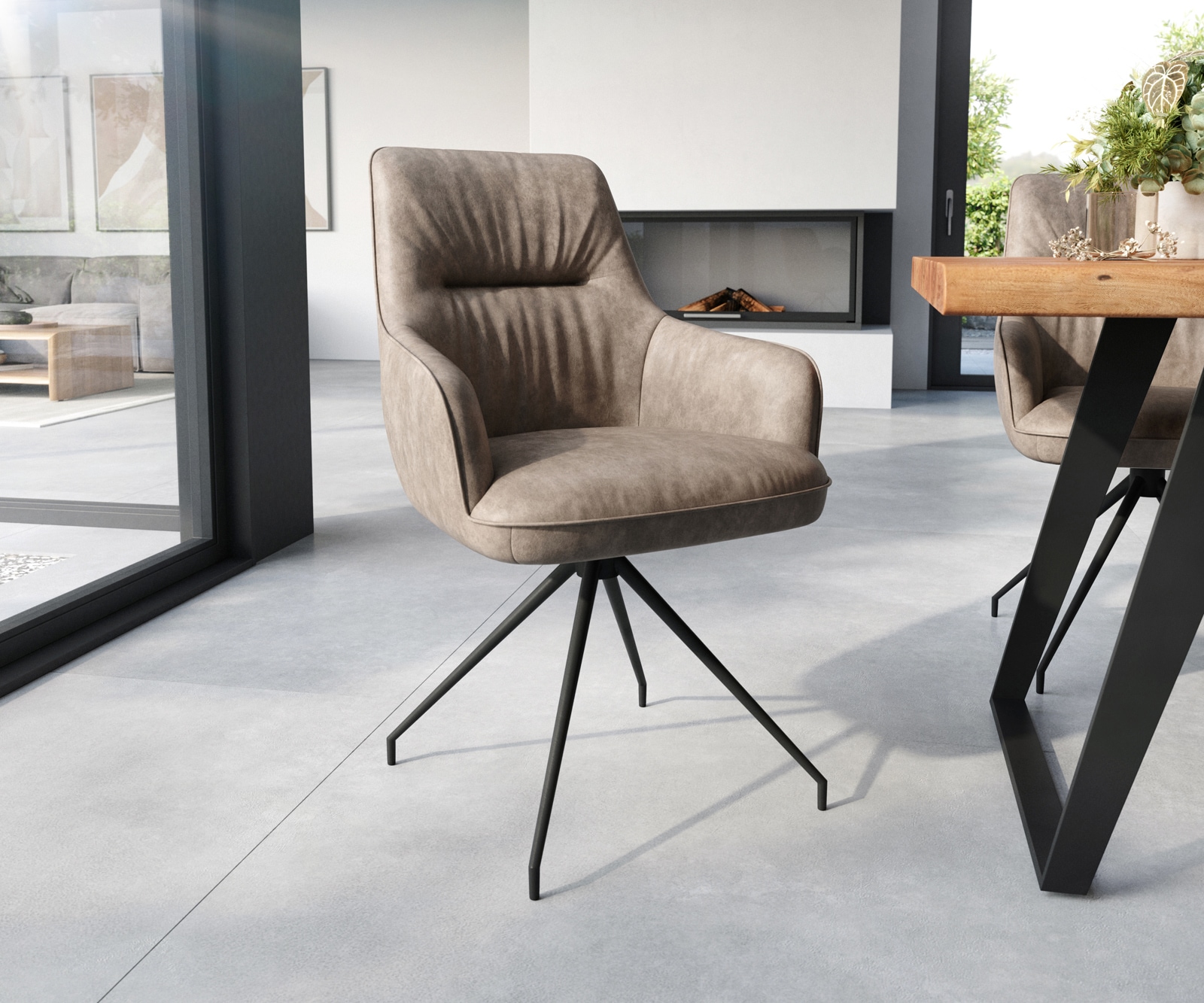 Esszimmerstuhl Zelia-Flex mit Armlehnen Mikrofaser Taupe Vintage Kreuzgestell konisch Schwarz Taschenfederkern Esszimmerstuhl Zelia-Flex mit Armlehnen Mikrofaser Taupe Vintage Kreuzgestell konisch Schwarz Taschenfederkern