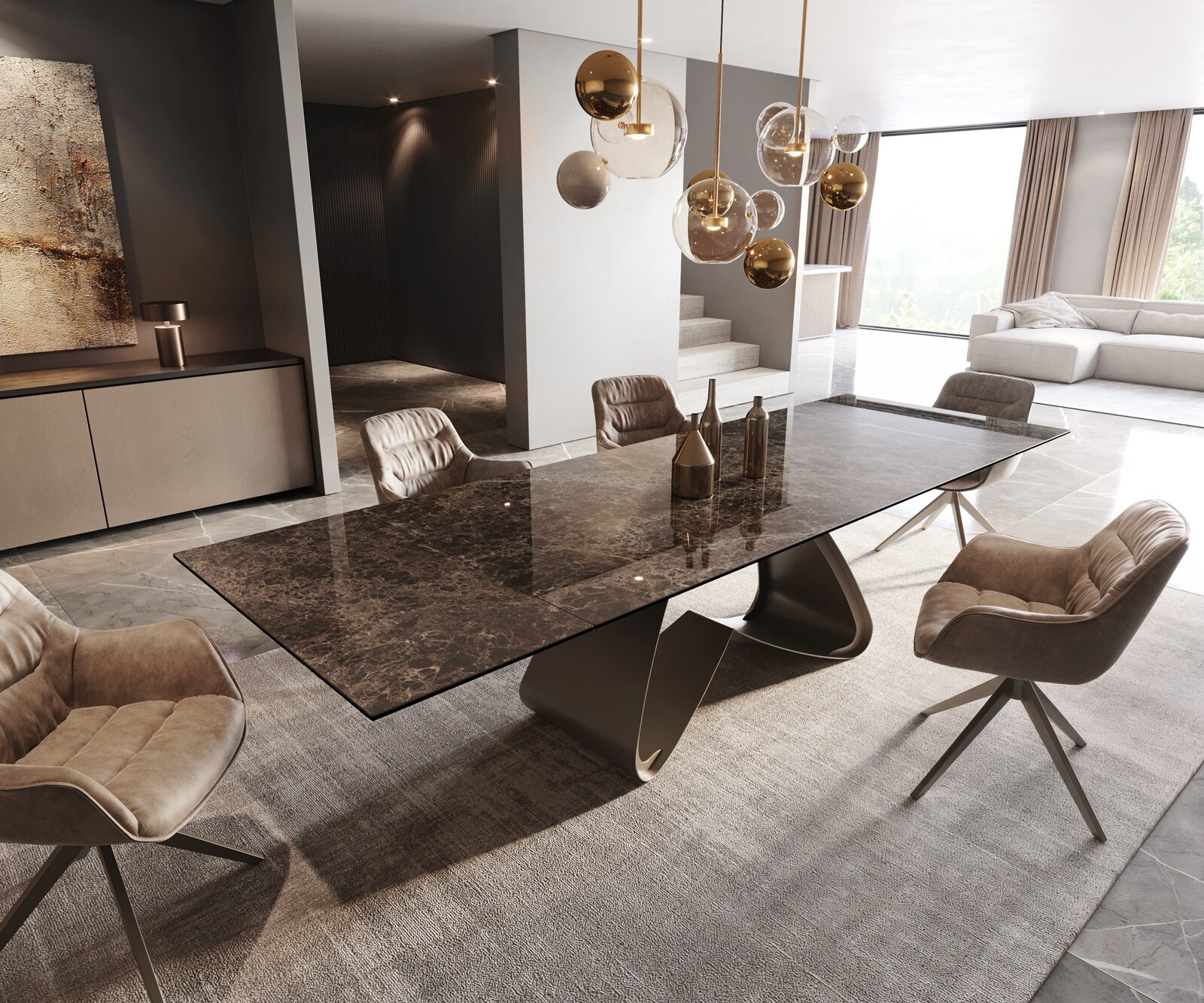Esstisch Edge 200-300x100 Keramik Emperador Extra Lucidato Dunkelbraun W-Gestell Effektfinish Titan ausziehbar