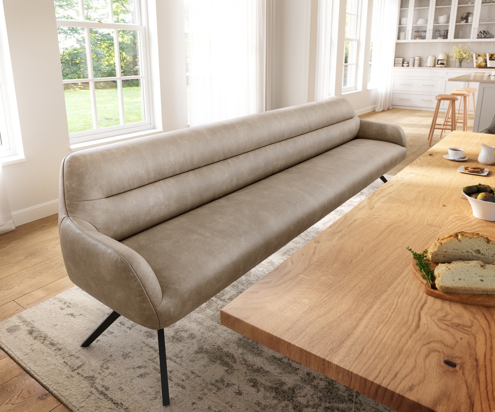 Esszimmerbank Taya-Flex 300 cm Mikrofaser Beige Vintage Kreuzgestell kantig Schwarz Taschenfederkern
