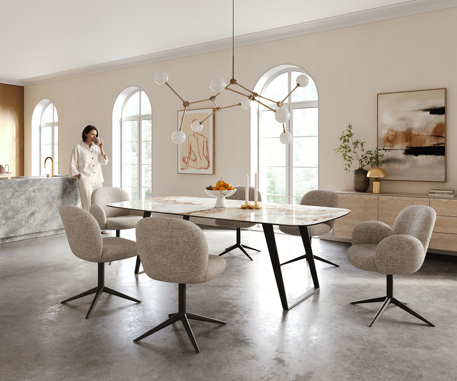 Esstisch Edge Boot 240x120 cm Keramik Minas Melange Weiß-Beige Metall Schräg Schwarz 6