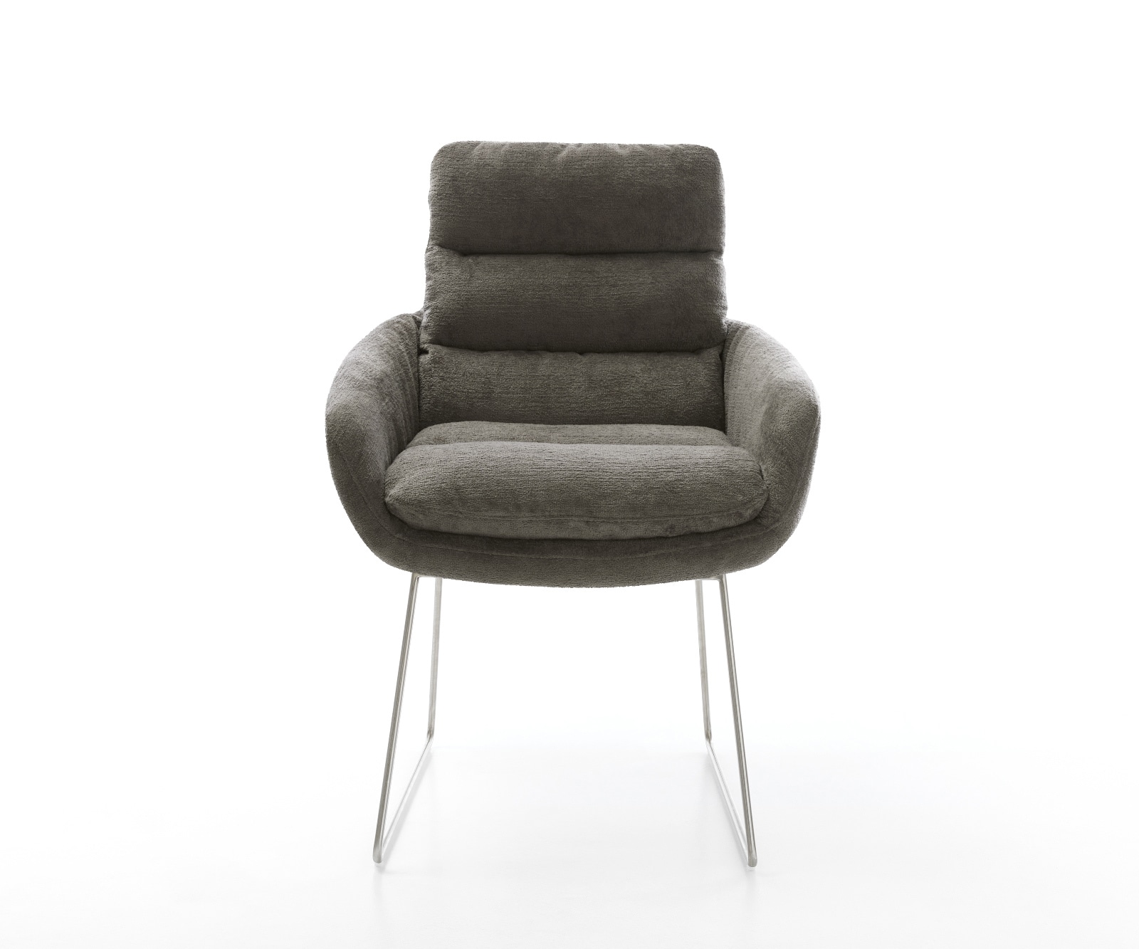 Esszimmerstuhl Abelia-Flex mit Armlehnen Bouclé Soft Schlamm Kufengestell Edelstahl 2
