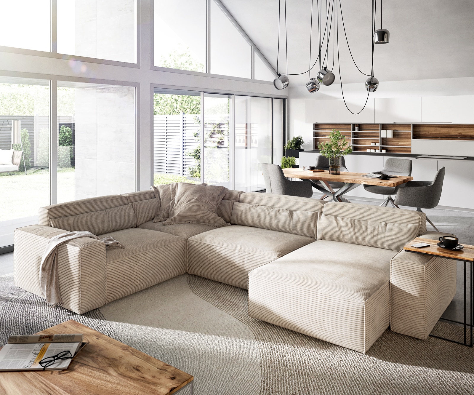 Wohnlandschaft Sirpio 300x210 cm Cord Beige Recamiere variabel