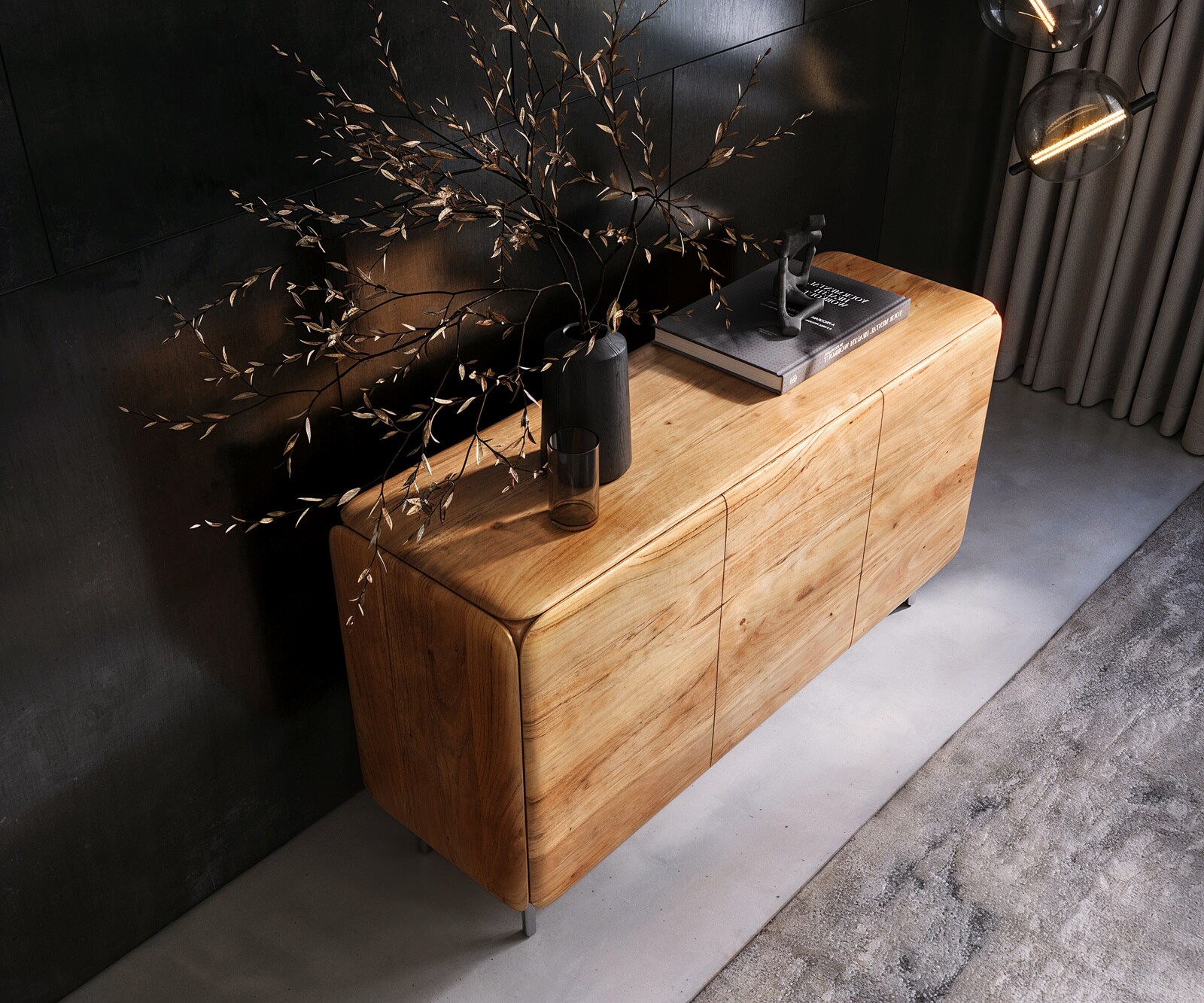 Sideboard Shavani 145 cm Akazie Natur 2 Türen 3 Schubladen Rundfuß Edelstahl Silber 3