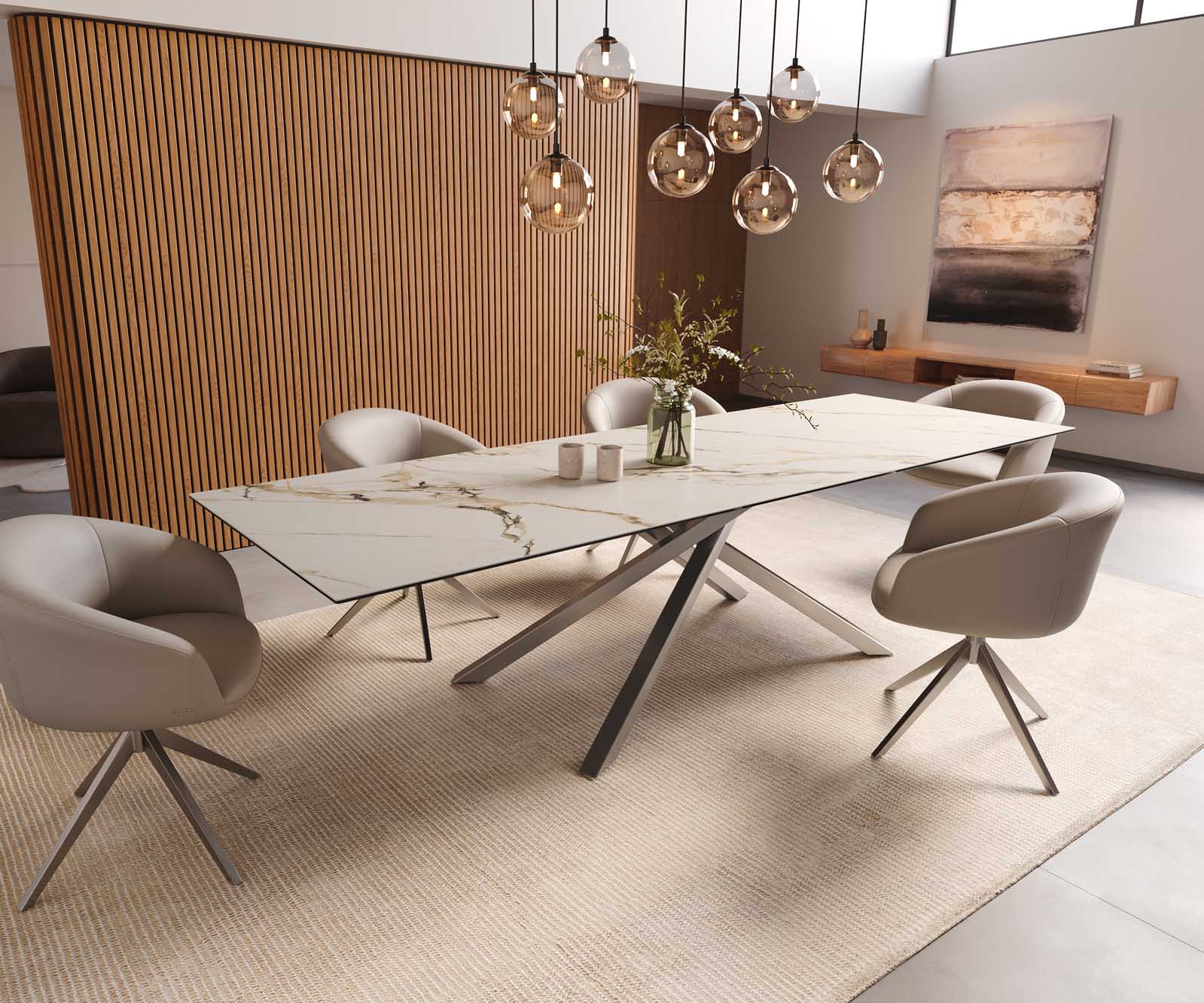 Esstisch Edge 300x100 Keramik Calacatta Luxe Weiß-Gold-Grau Kreuzgestell Rechteck Edelstahl 8