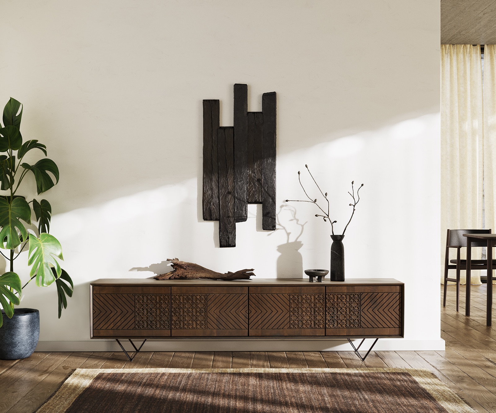 Lowboard Manjula 200 cm Mango Braun 4 Türen V-Fuß Metall Schwarz 2