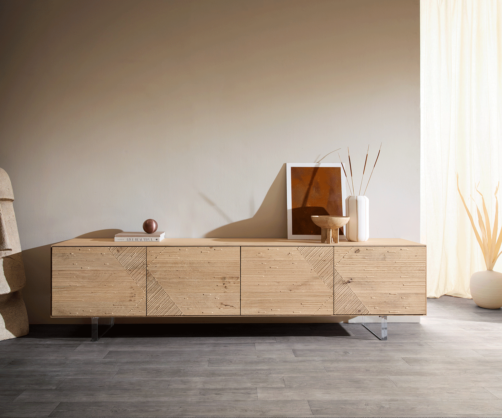 Lowboard Tereos 220 cm Eiche Natur 3D Effekt 4 Türen Fuß Schwebeoptik Acrylglas 5