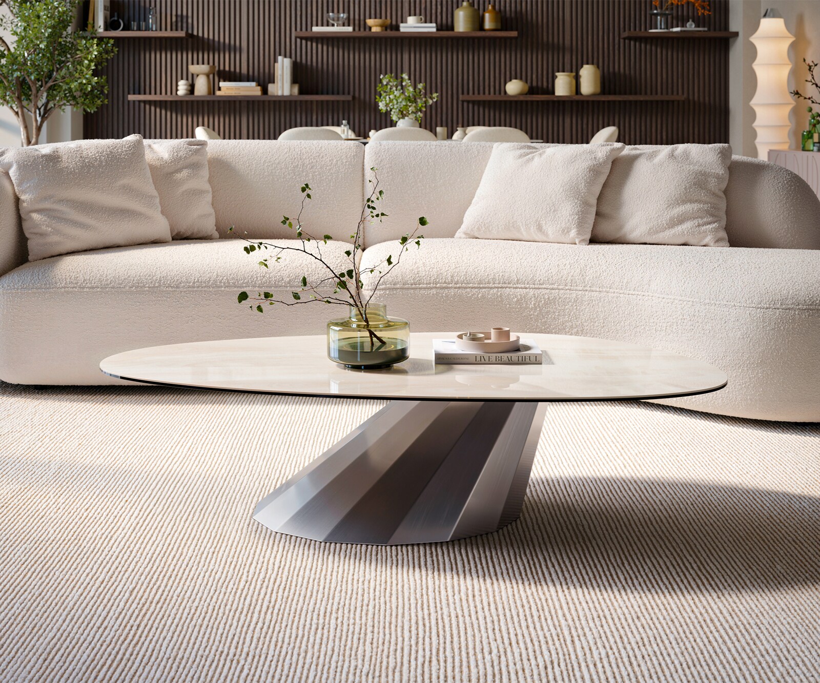 Couchtisch Edge Oval 140x75 cm Keramik Onyx Champagne Parabi Edelstahl gebürstet