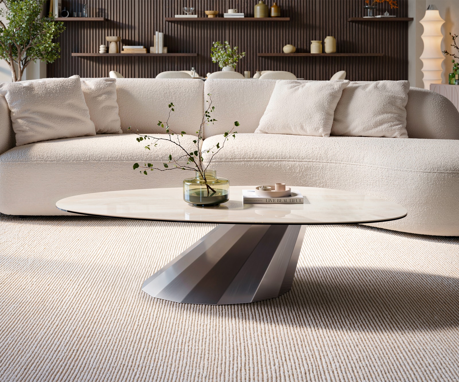 Couchtisch Edge Oval 140x75 cm Keramik Onyx Champagne Parabi Edelstahl gebürstet