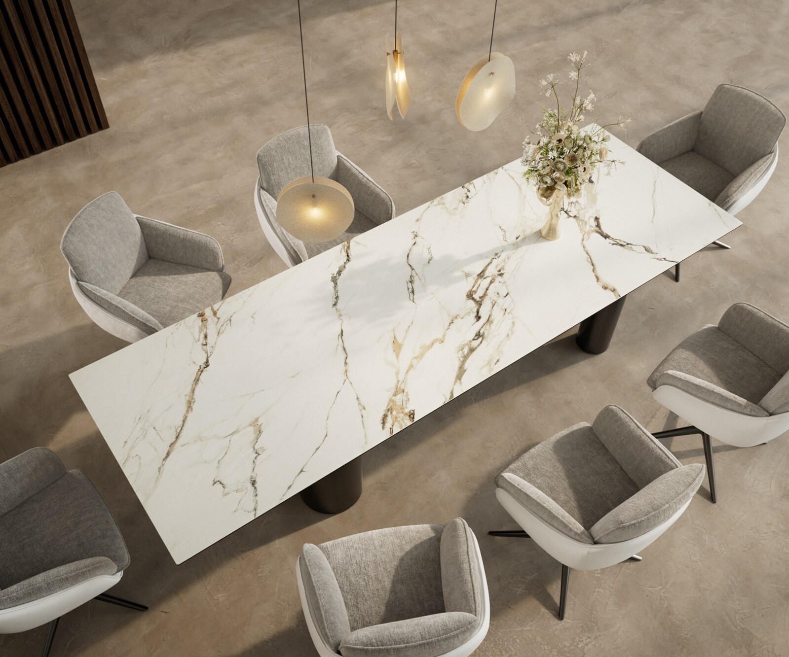Esstisch Edge 300x100 Keramik Calacatta Luxe Weiß-Gold-Grau Pilier Edelstahl Graphit 3