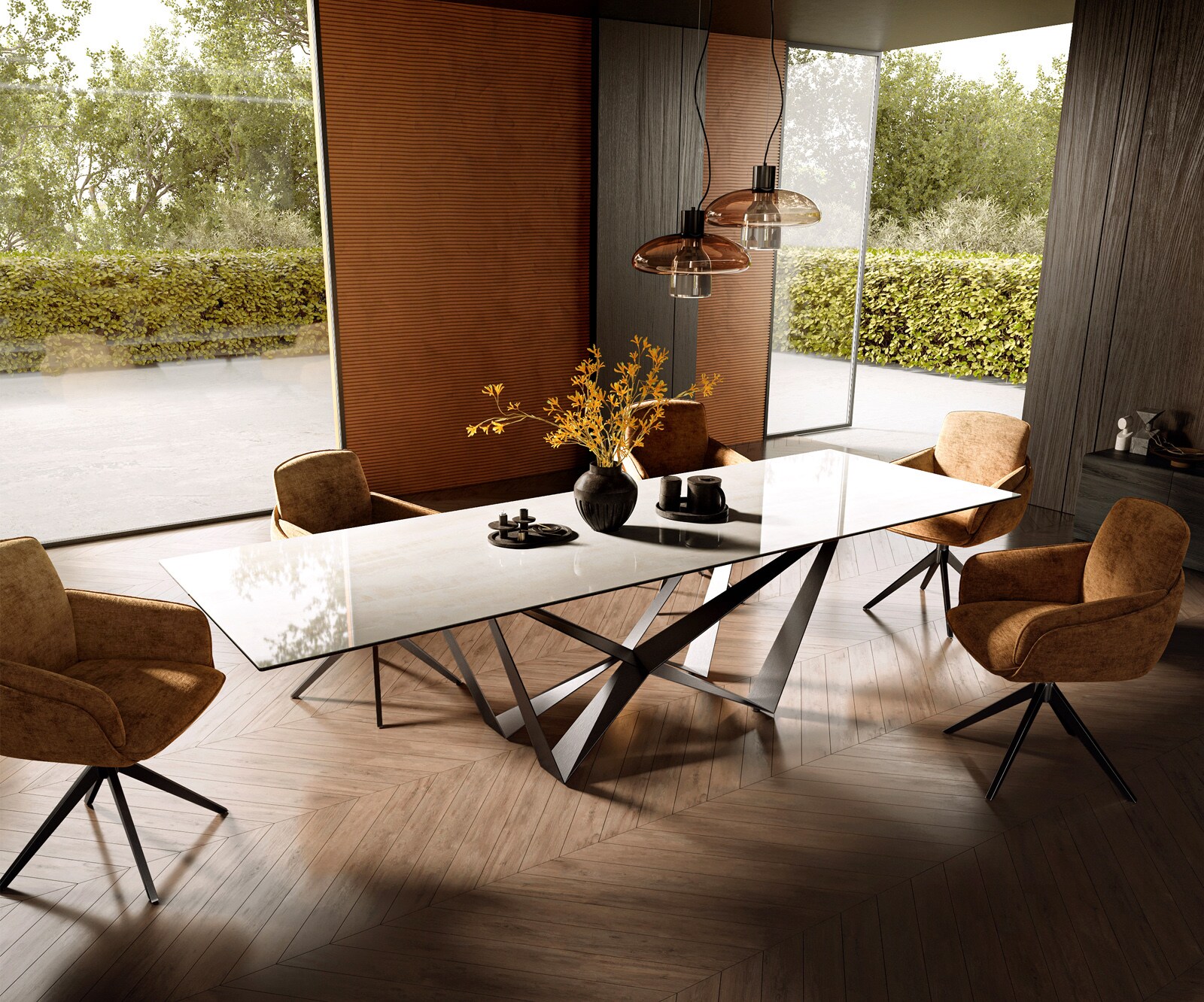 Esstisch Edge 300x100 cm Keramik Onyx Champagne Spider Flachstahl Edelstahl Graphit 6