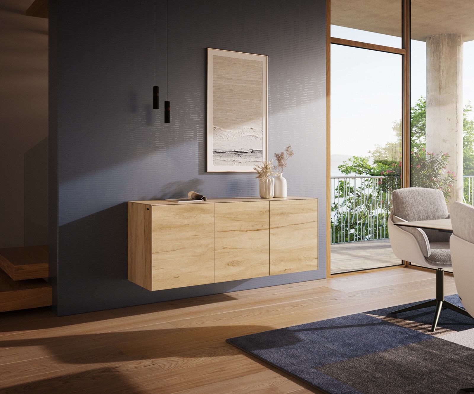 Sideboard Cuor 150 cm Keramik Laminam® Sabbia Eichefarbig 3 Türen Schwebend