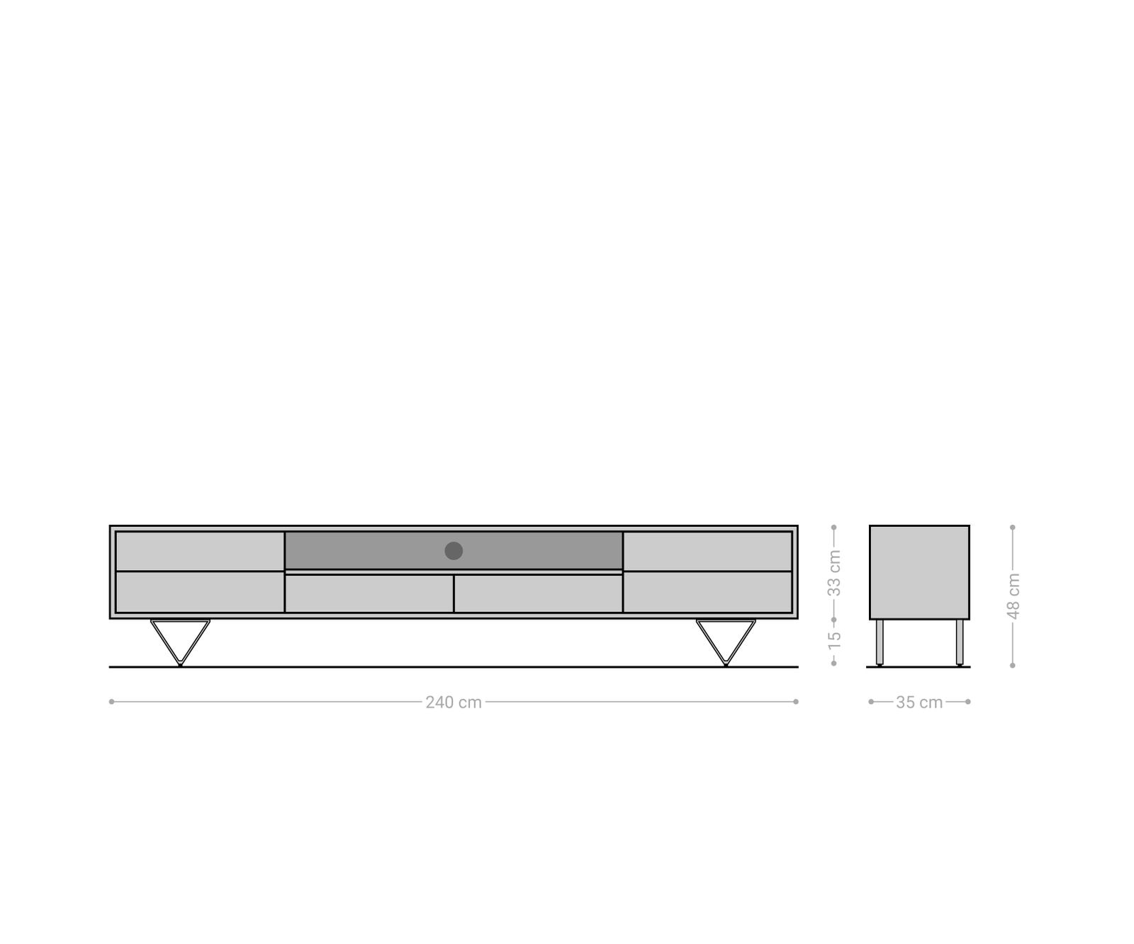 Lowboard Eloi 240x35 cm Akazie Braun 2 Türen 2 Schubladen V-Fuß Schwarz 7