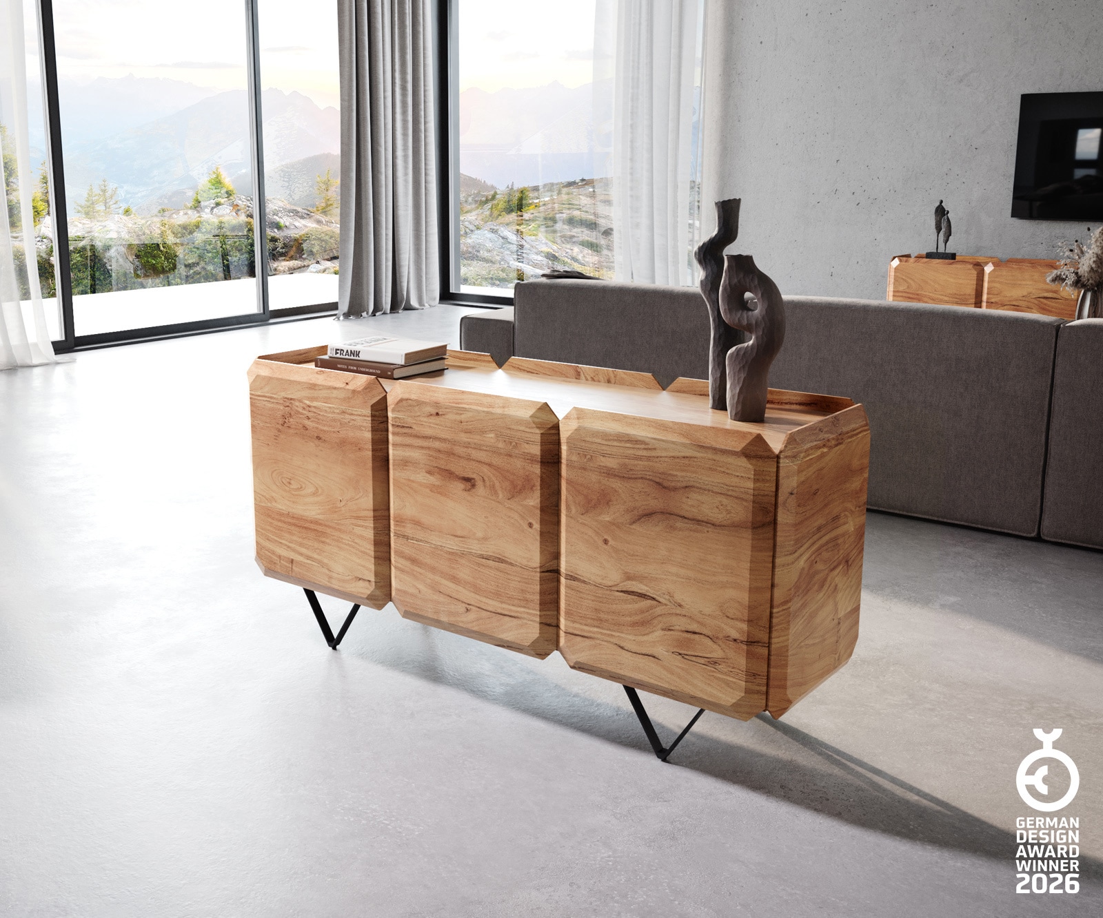 Sideboard Kiano 145 cm Akazie Natur 3 Türen V-Fuß Schwarz Raumteiler
