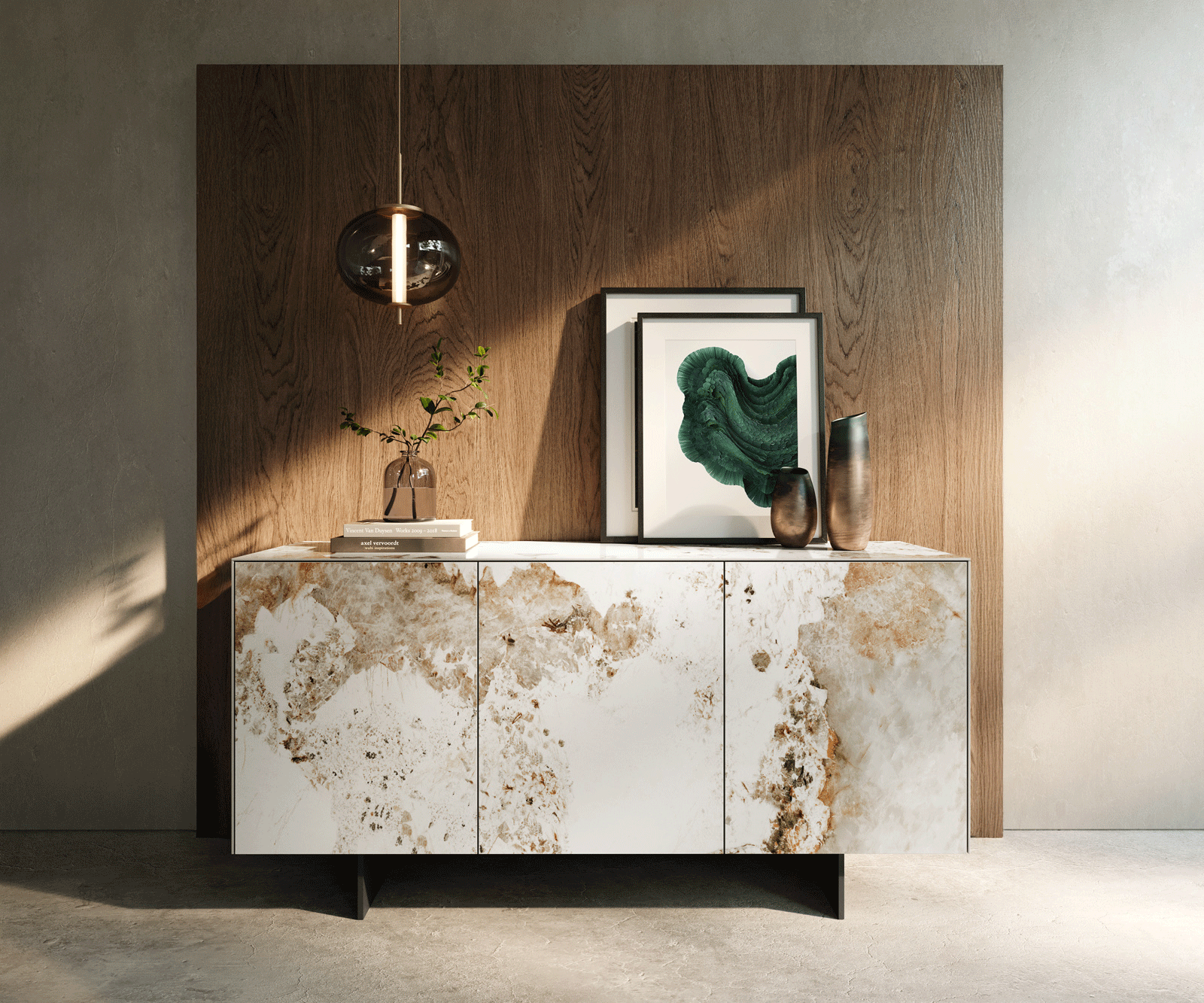 Sideboard Cuor 150 cm Keramik Minas Melange Weiß-Beige 3 Türen Fuß Schwebeoptik Metall Schwarz 2
