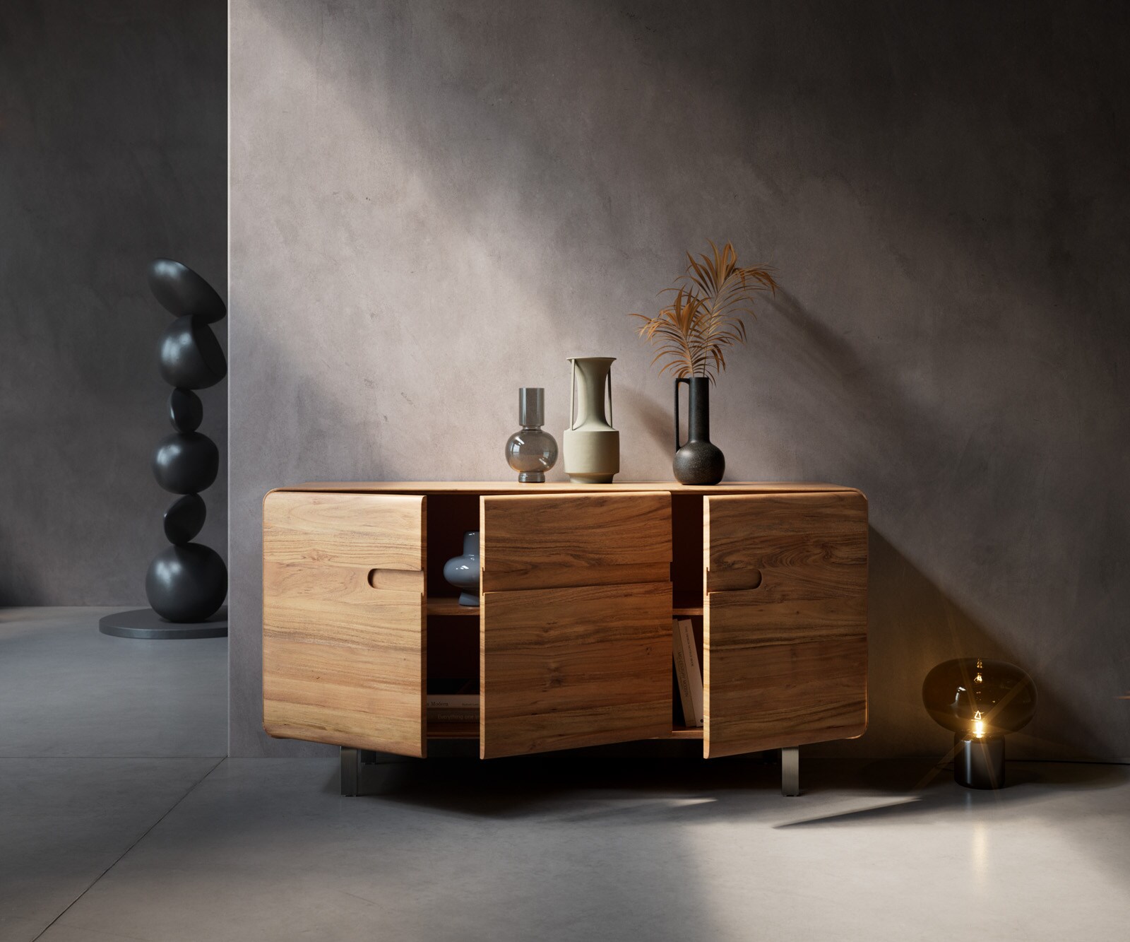 Sideboard Anaya 145 cm Akazie Natur 3 Türen L-Fuß Edelstahl 4
