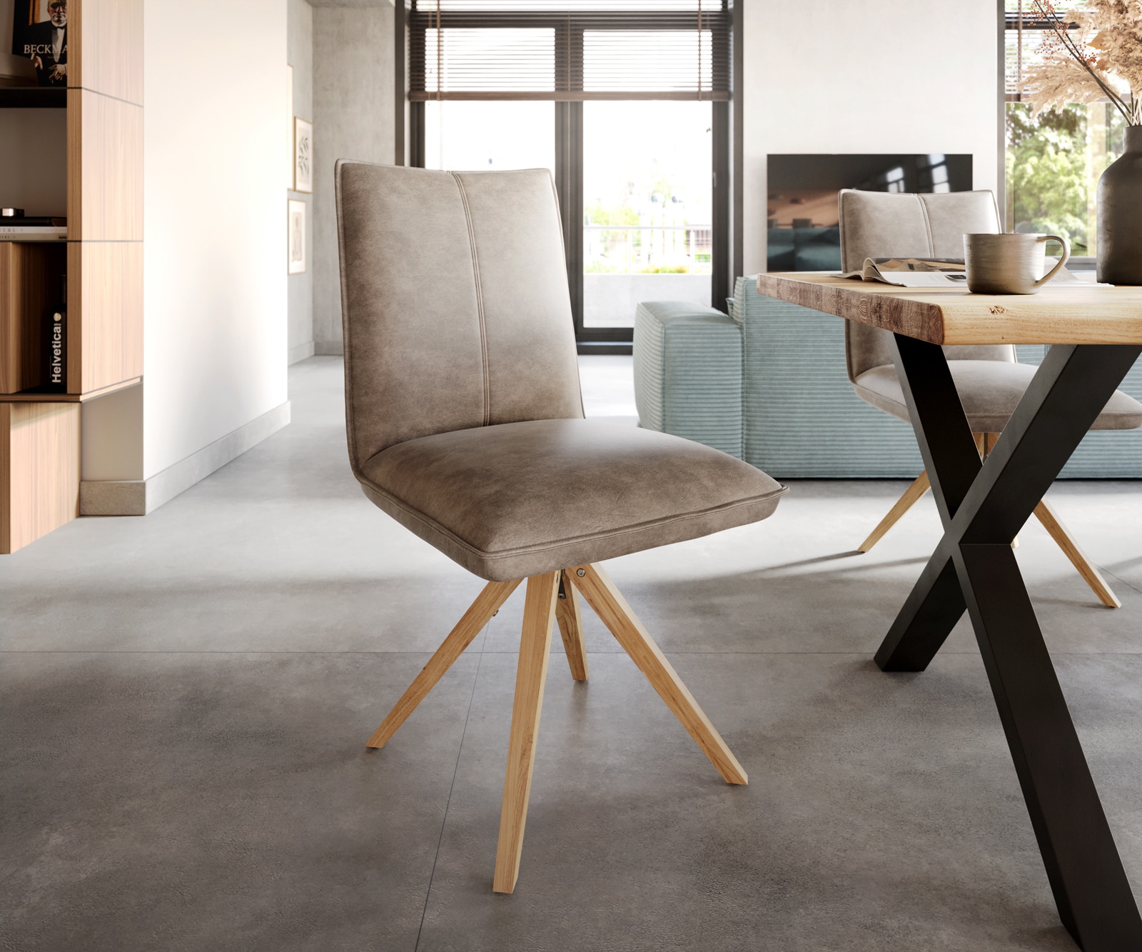Esszimmerstuhl Lelio-Flex Mikrofaser Taupe Vintage Holzgestell kantig Natur 360° drehbar Taschenfederkern