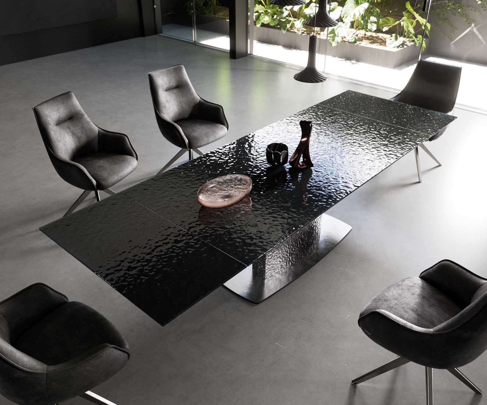 Esstisch Edge 200-300x100 Reliefglas Rauchschwarz 3D-Design Wave Edelstahl ausziehbar 4
