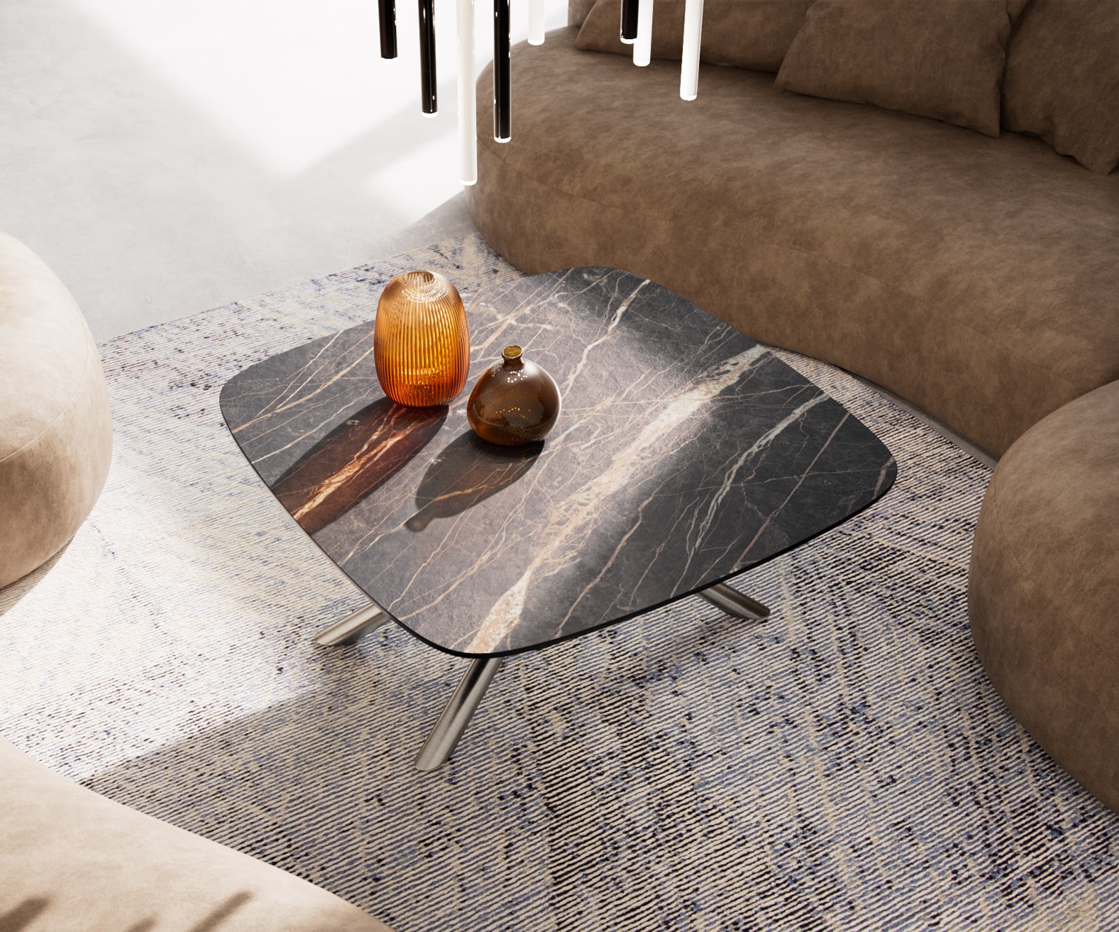 Couchtisch Edge Boot 90x90 cm Keramik Laminam® Noir Desir Braun Sarity Edelstahl gebürstet 3
