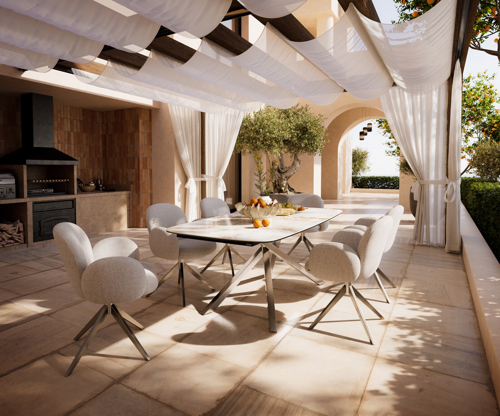 Outdoortisch Edge Boot 200x100 cm Keramik Minas Melange Weiß-Beige Kreuzgestell Rechteck Edelstahl 6