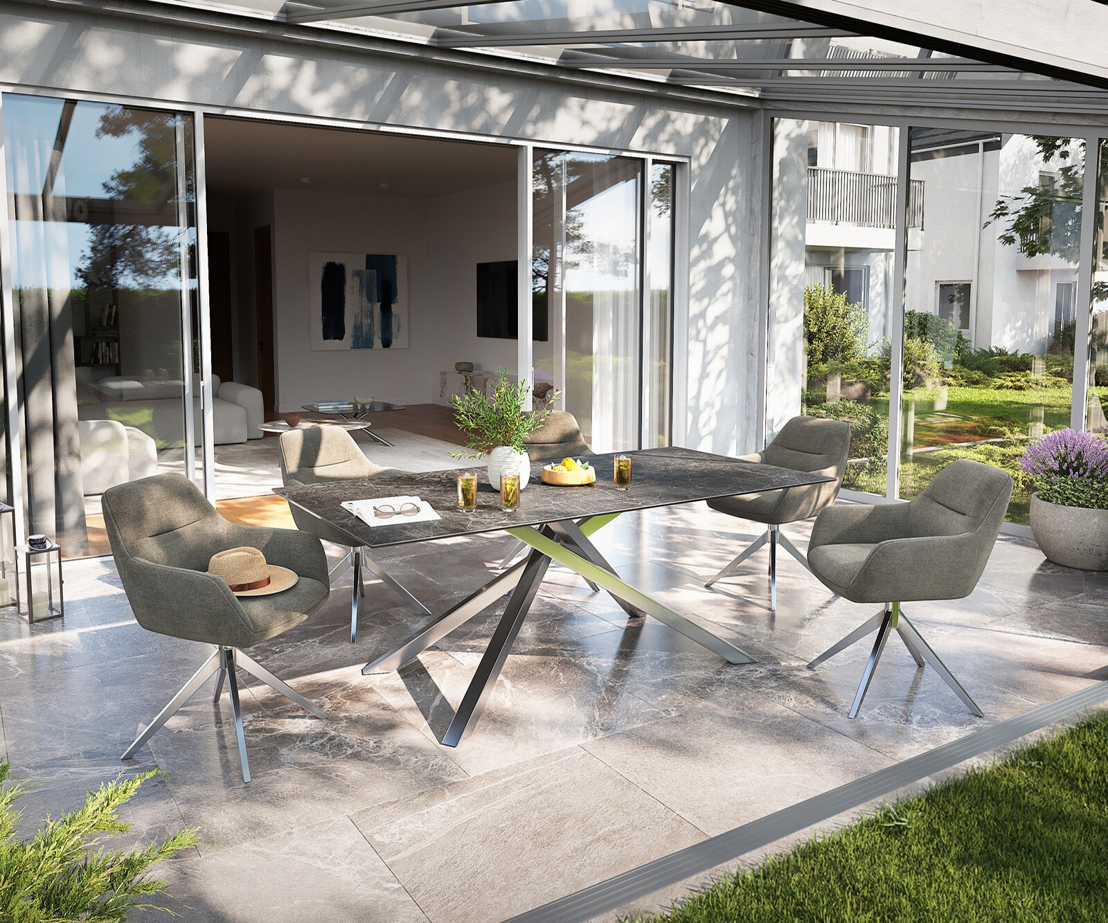 Outdoortisch Edge 200x100 cm Keramik Laminam® Nero Greco Anthrazit Kreuzgestell Rechteck Edelstahl 6