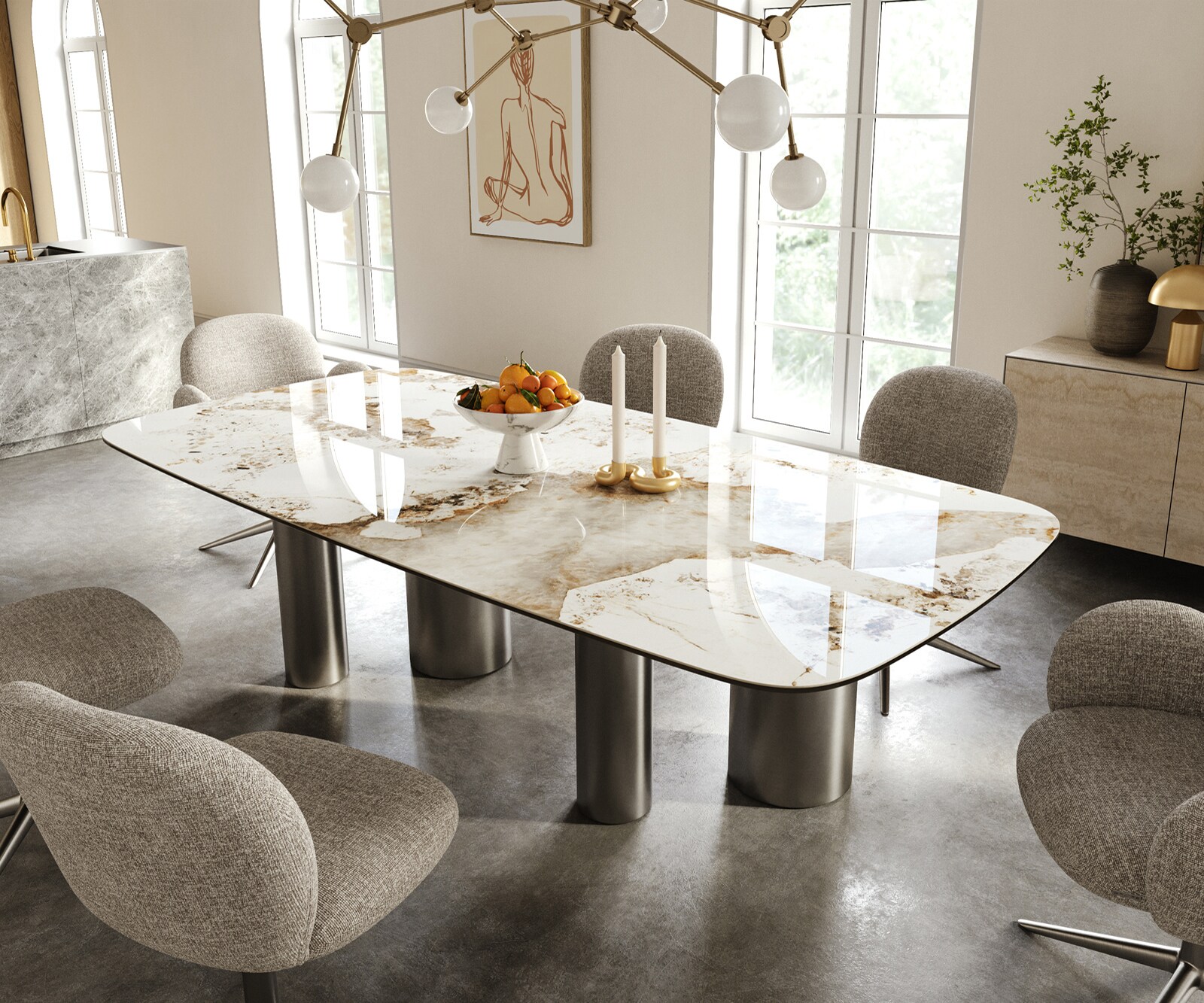 Esstisch Edge Boot 240x120 cm Keramik Minas Melange Weiß-Beige Pilier Edelstahl Graphit 1