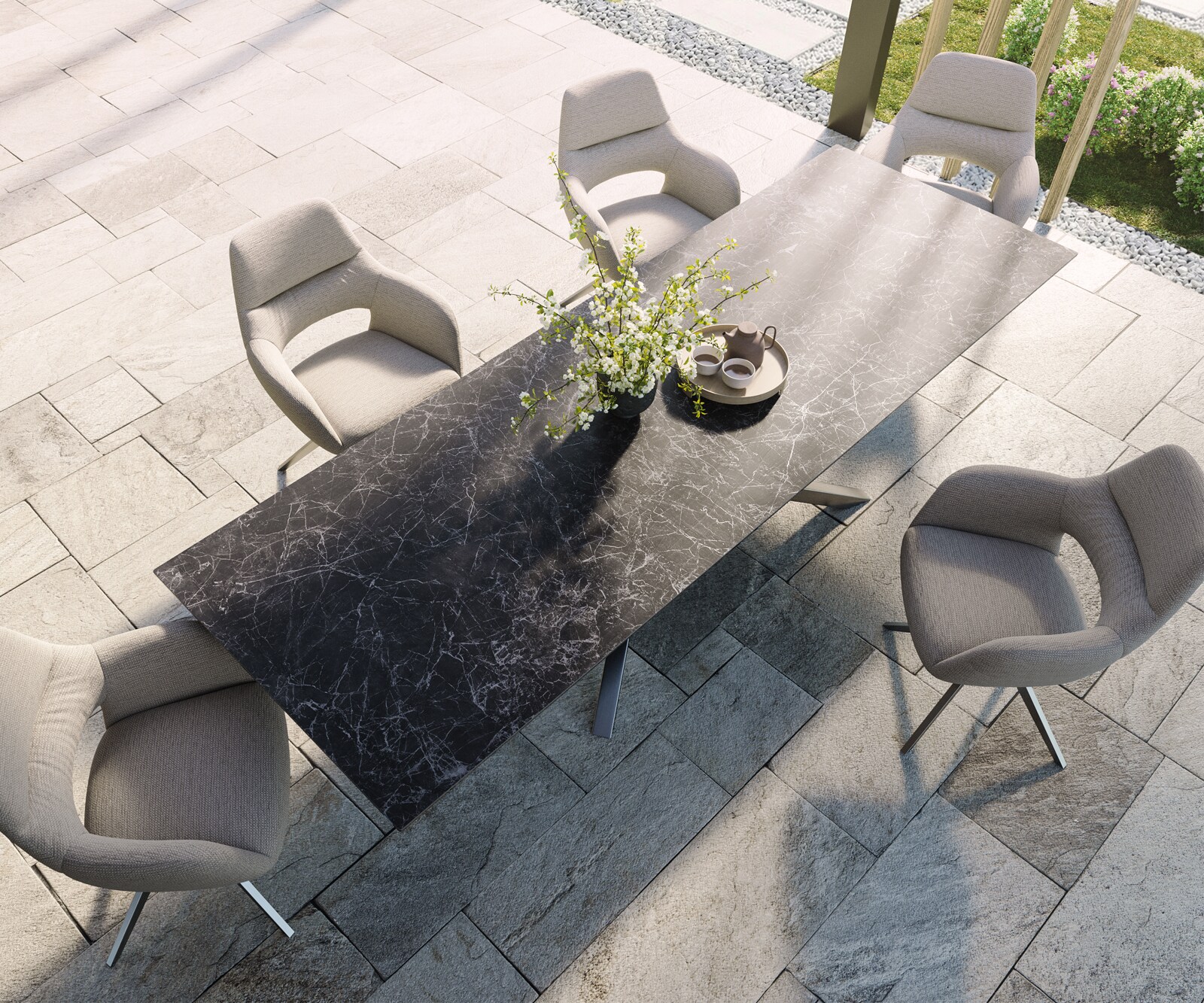 Outdoortisch Edge 300x100 cm Keramik Laminam® Nero Greco Anthrazit Kreuzgestell Rechteck Edelstahl 3