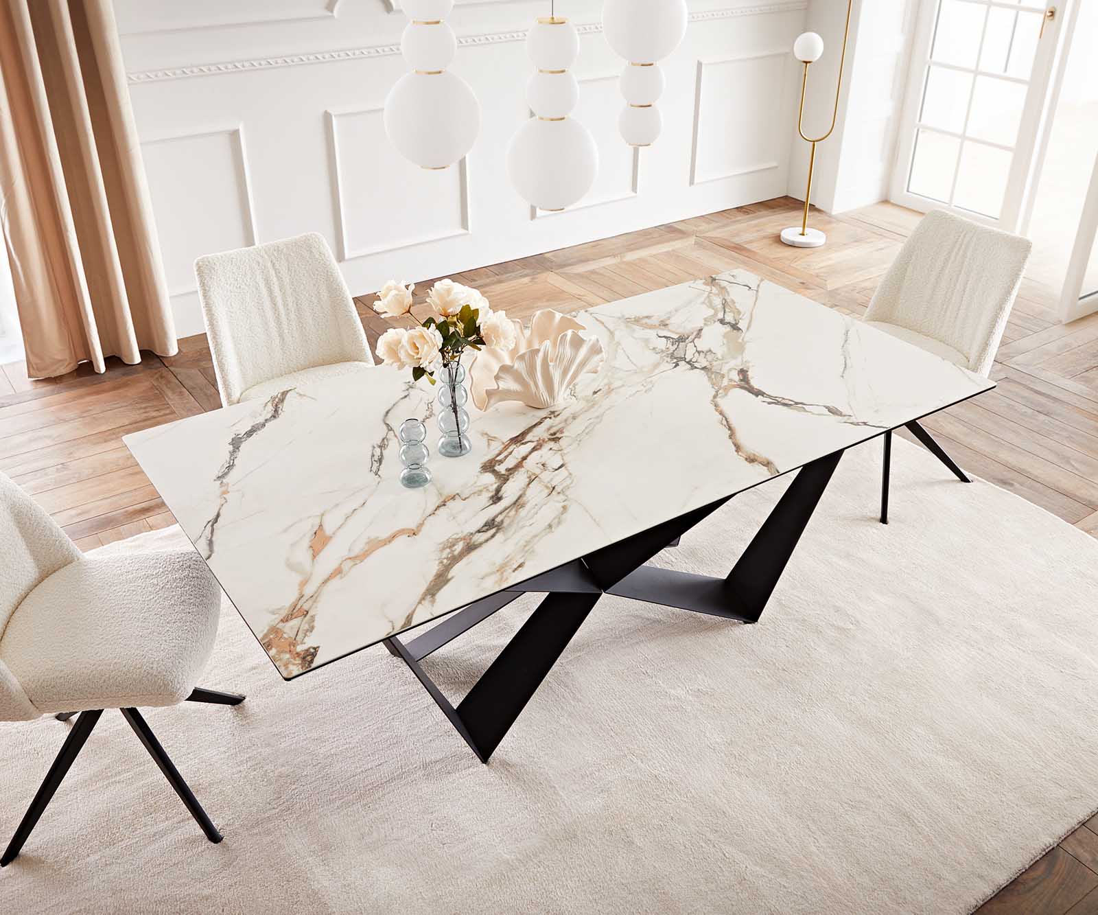 Esstisch Edge 200x100 Keramik Calacatta Luxe Weiß-Gold-Grau Spider Flachstahl Schwarz 5
