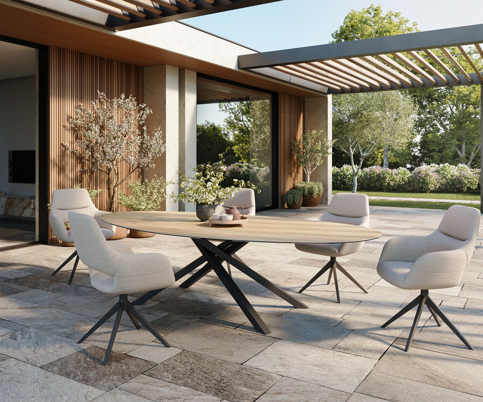 Outdoortisch Edge Oval 280x130 cm Keramik Laminam® Sabbia Eichefarbig Kreuzgestell Rechteck Schwarz 5