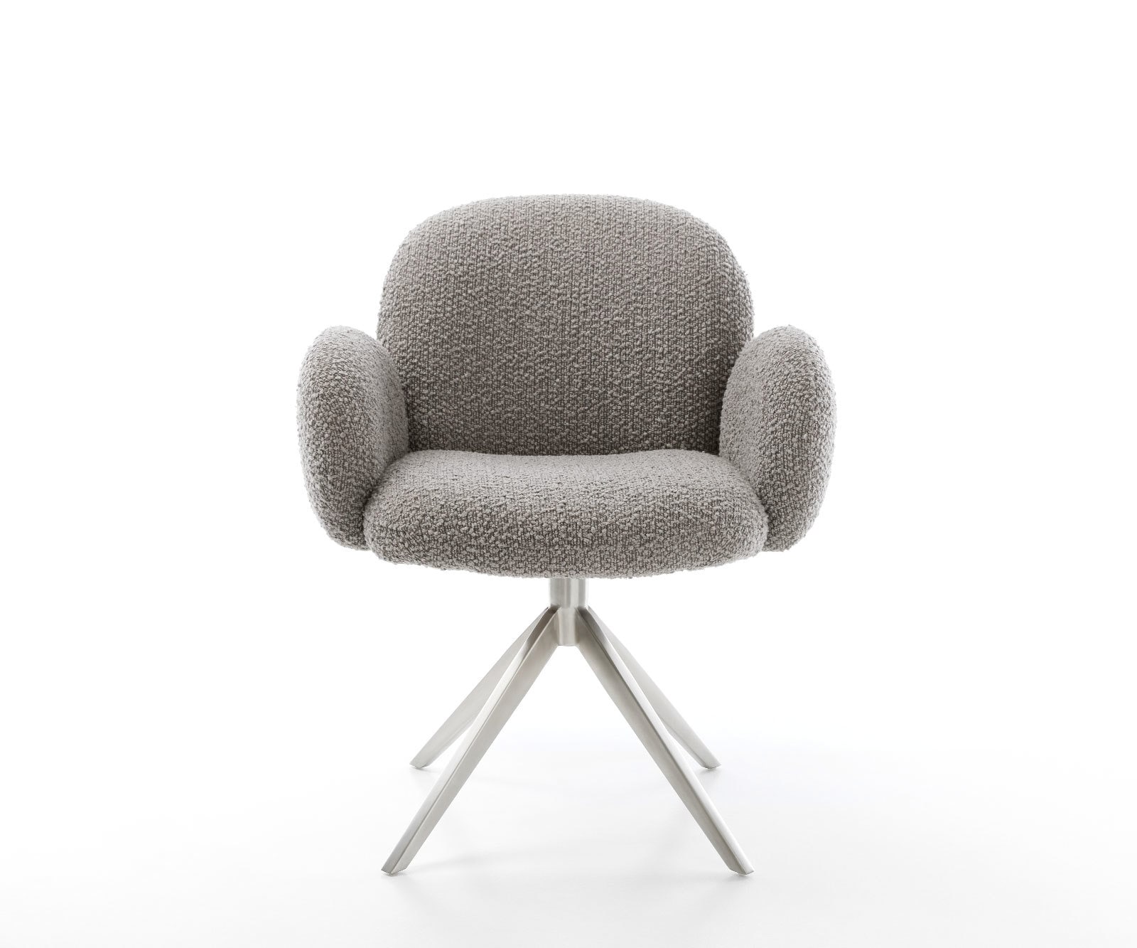 Drehstuhl Nube-Flex mit Armlehnen Bouclé Silbergrau Kreuzgestell breit Edelstahl 360° drehbar Wippfunktion Taschenfederkern 1