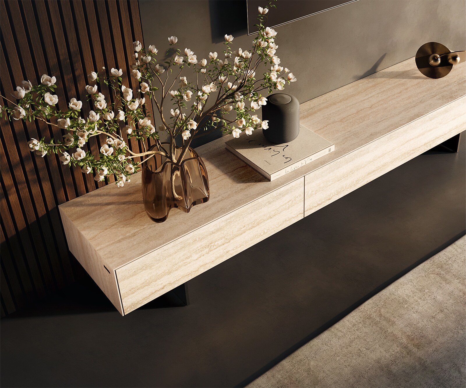 Lowboard Cuor 200 cm Keramik Laminam® Travertino Bianco Creme-Weiß 1 Klappe 1 Schubfach Fuß Schwebeoptik Metall Schwarz 3