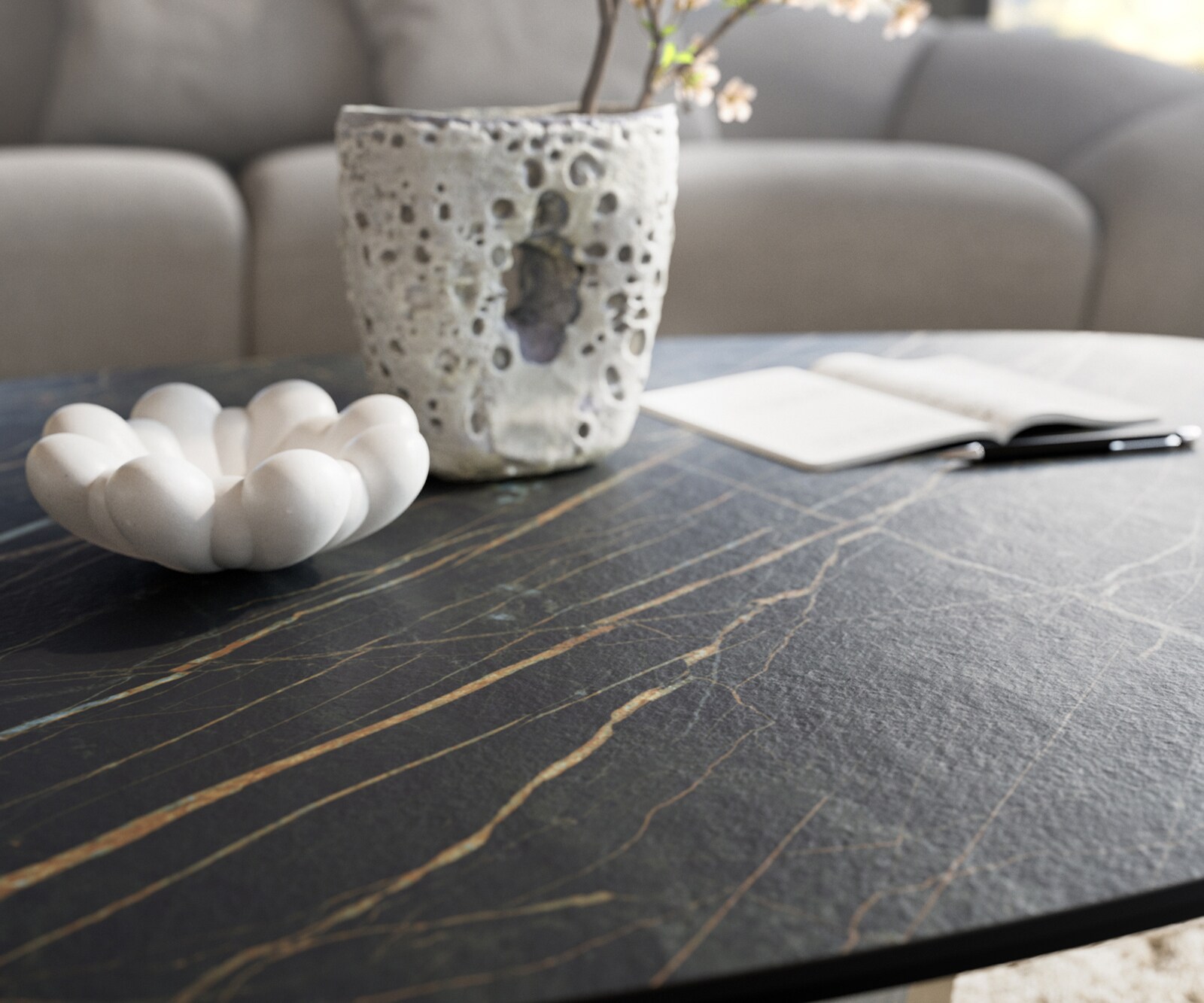 Couchtisch Edge Organisch 140x76 cm Keramik Laminam® Noir Desir Braun Parabi Metallic Silber 7