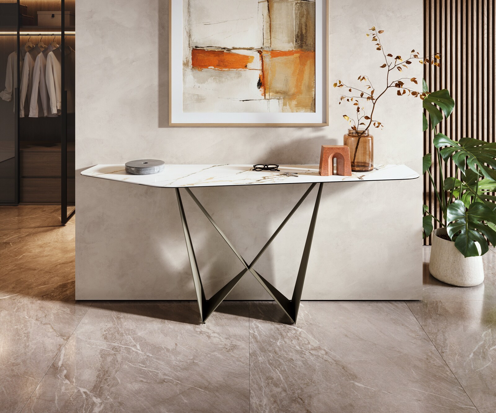 Konsolentisch Edge Polygonal 180x50 cm Keramik Calacatta Luxe Weiß-Gold-Grau Spios Metall Effektfinish Titan 4