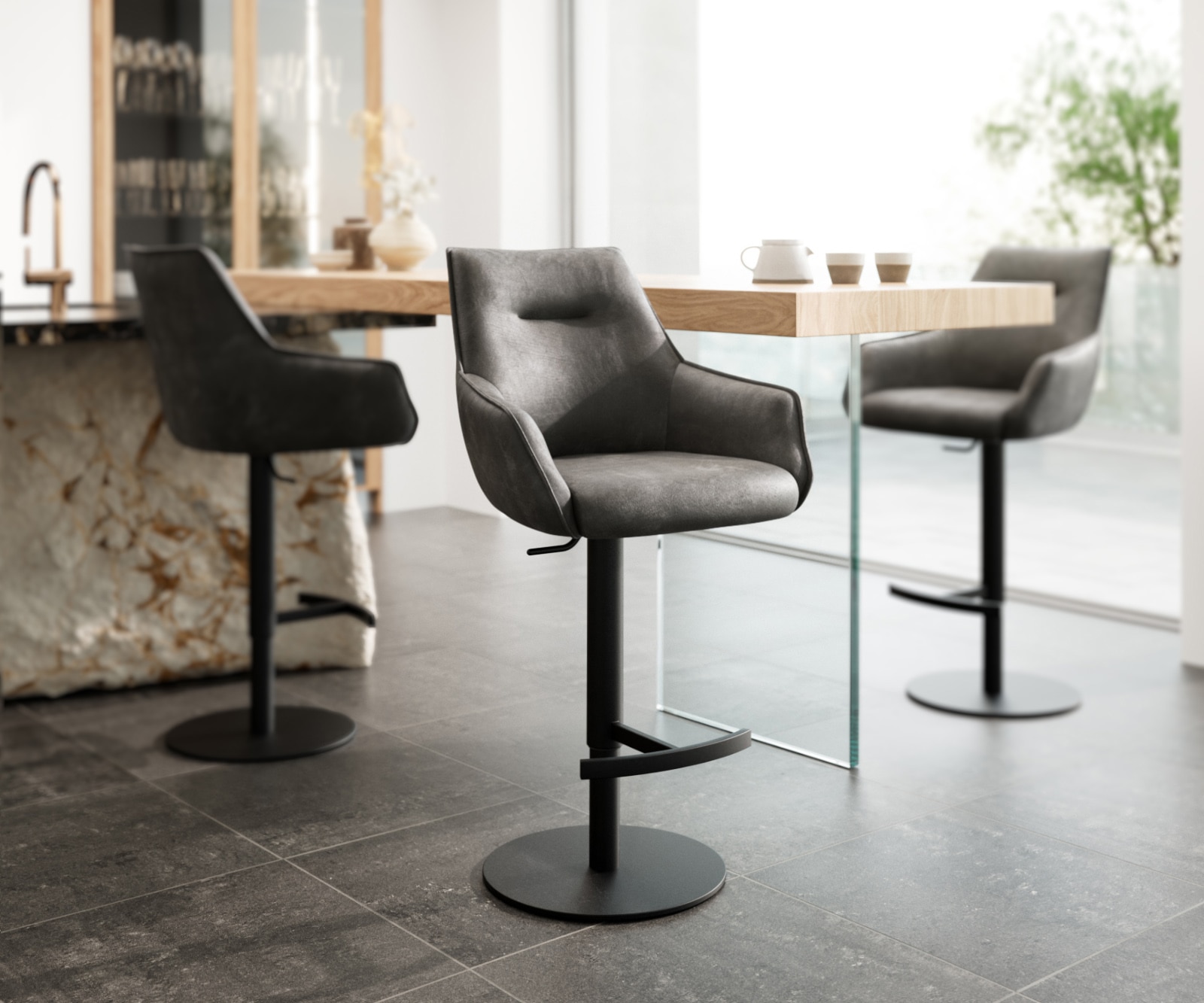 Barstuhl Alja-Flex Mikrofaser Anthrazit Vintage Drehfuß höhenverstellbar Metall Schwarz drehbar Taschenfederkern Barstuhl Alja-Flex Mikrofaser Anthrazit Vintage Drehfuß höhenverstellbar Metall Schwarz drehbar Taschenfederkern