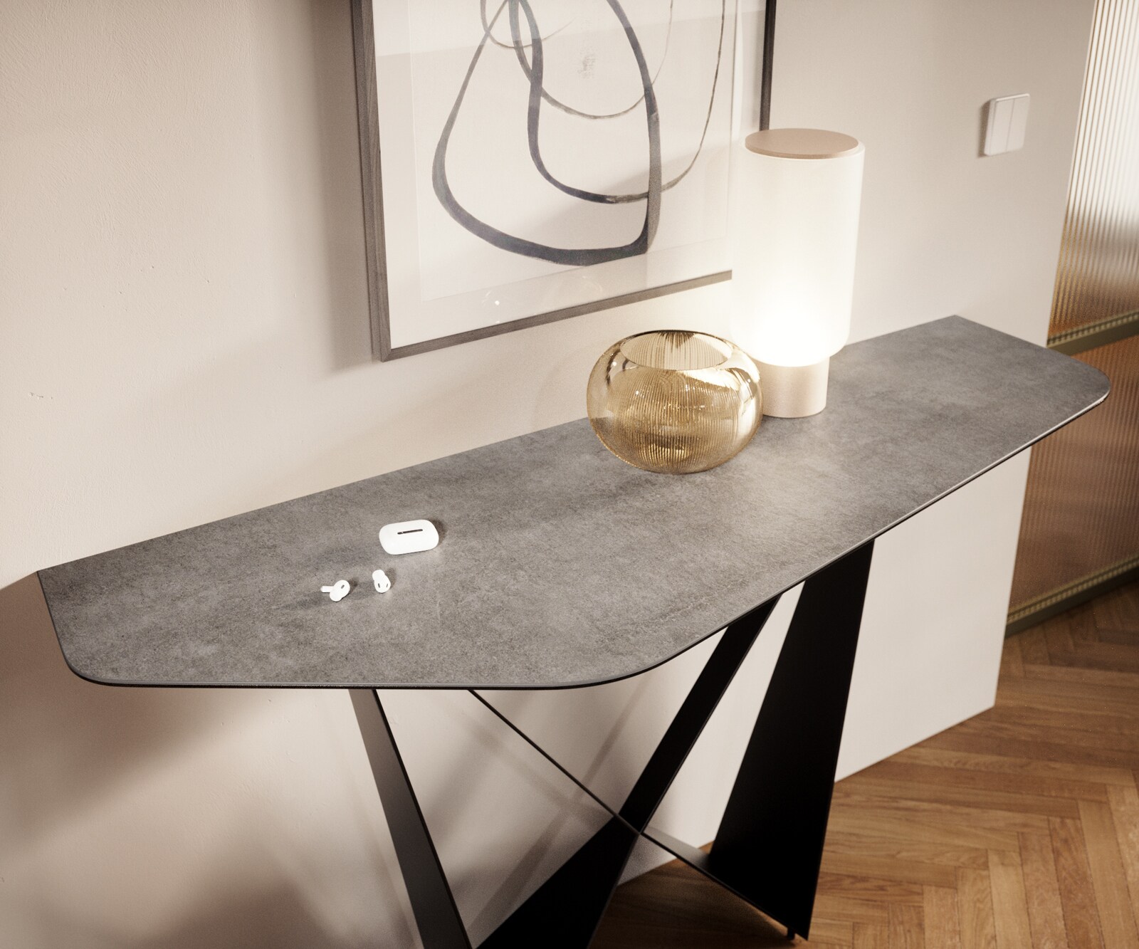 Konsolentisch Edge Polygonal 140x50 cm Keramik Beton Grau Livos Metall Schwarz 6