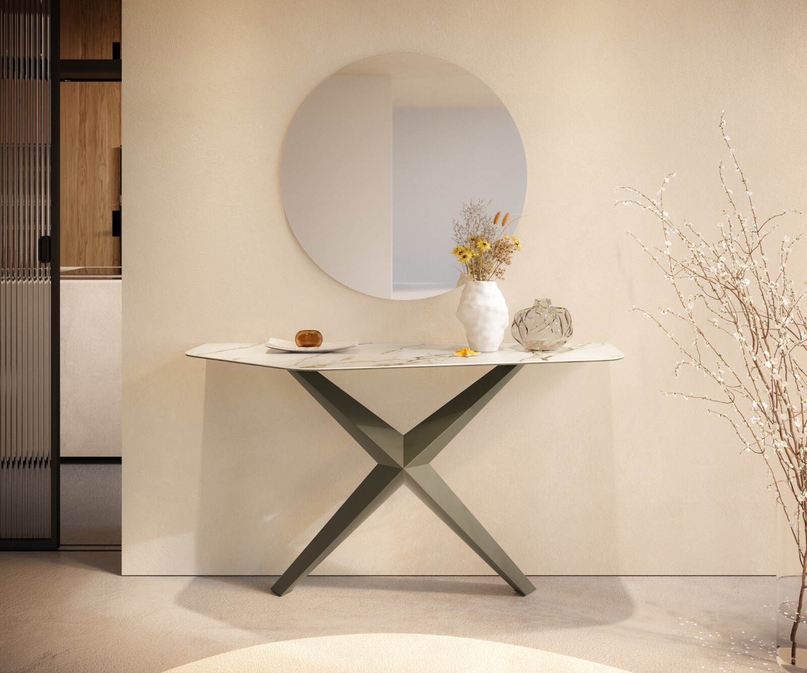 Konsolentisch Edge Polygonal 140x50 cm Keramik Calacatta Luxe Weiß-Gold-Grau Zentharo Metall Effektfinish Titan 3