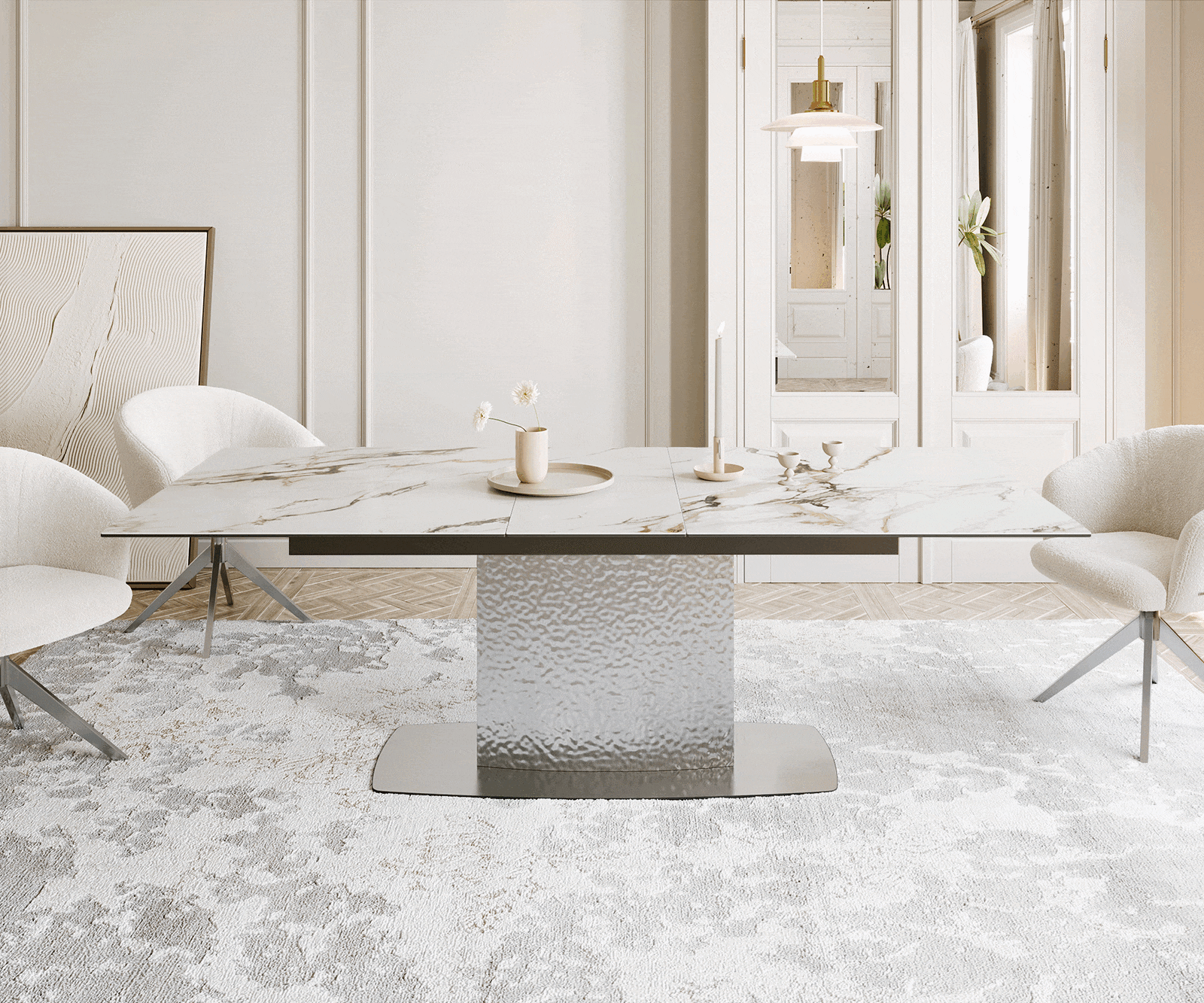 Esstisch Edge 180-220x100 Keramik Calacatta Luxe Weiß-Gold-Grau Wave Edelstahl ausziehbar 1 Esstisch Edge 180-220x100 Keramik Calacatta Luxe Weiß-Gold-Grau Wave Edelstahl ausziehbar 1