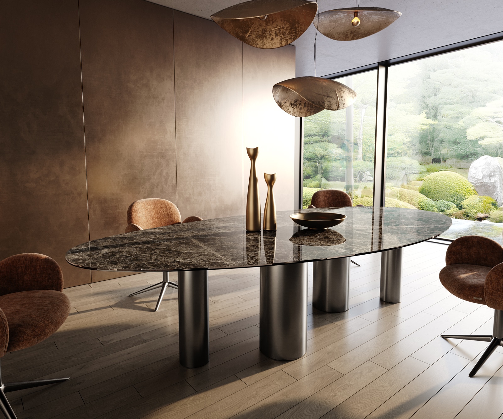 Esstisch Edge Oval 315x150 Keramik Laminam®Emperador Extra Lucidato Dunkelbraun Pilier Edelstahl Graphit