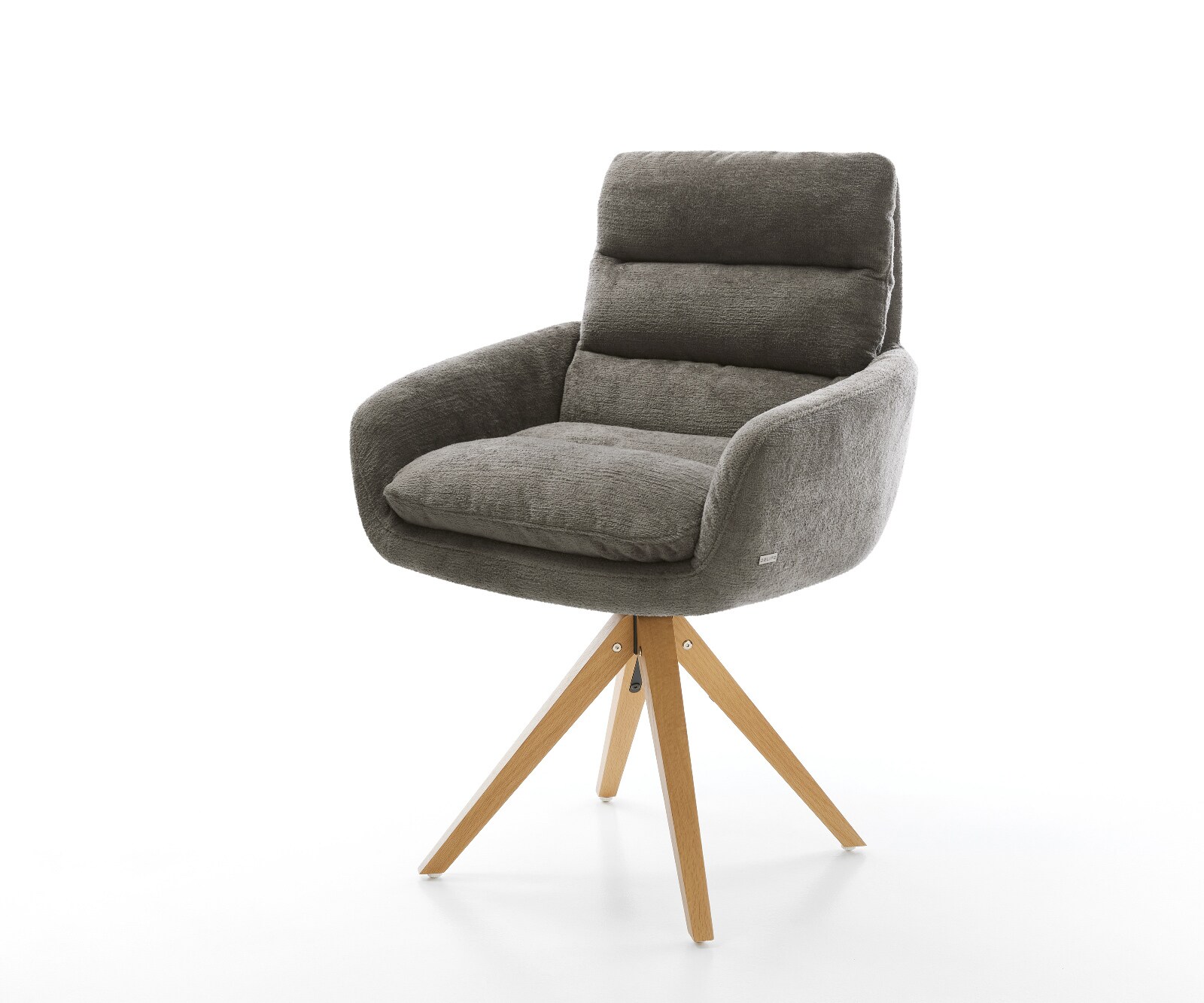Drehstuhl Abelia-Flex mit Armlehnen Bouclé Soft Schlamm Holzgestell kantig Natur 180° drehbar