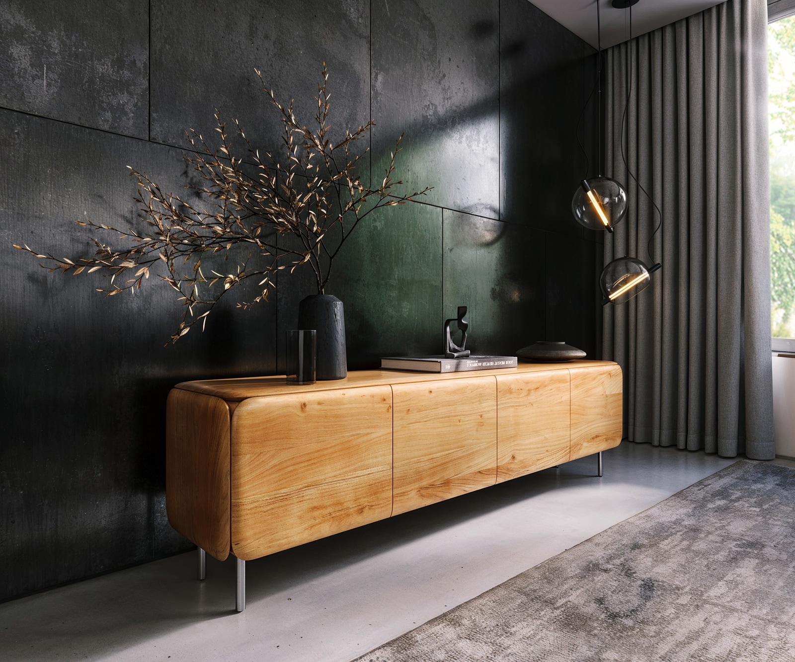 Lowboard Shavani 200 cm Akazie Natur 4 Türen Rundfuß Edelstahl Silber Lowboard Shavani 200 cm Akazie Natur 4 Türen Rundfuß Edelstahl Silber