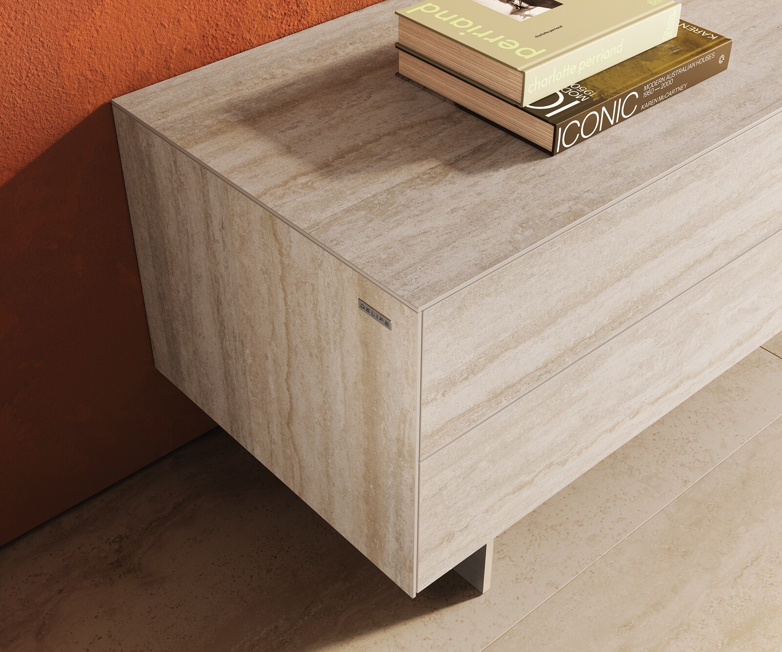 Lowboard Cuor 180 cm Keramik Laminam® Travertino Bianco Creme-Weiß 1 Klappe 2 Schubfächer Fuß Schwebeoptik Edelstahl 6