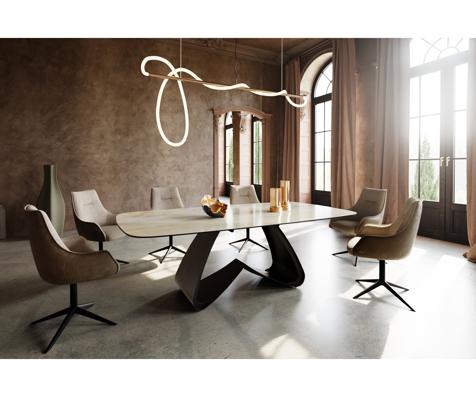 Esstisch Edge Boot 240x120 cm Keramik Iris FMG Onice Oro W-Gestell Metall Schwarz 6