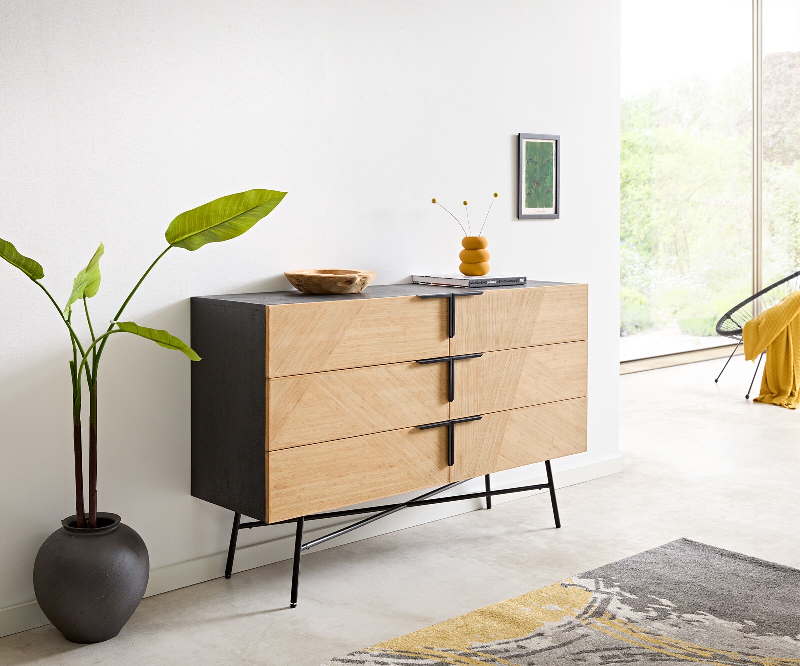 Sideboard Mikkusu 140 cm Bambus Natur Mango Schwarz 6 Schubladen Metall Schwarz